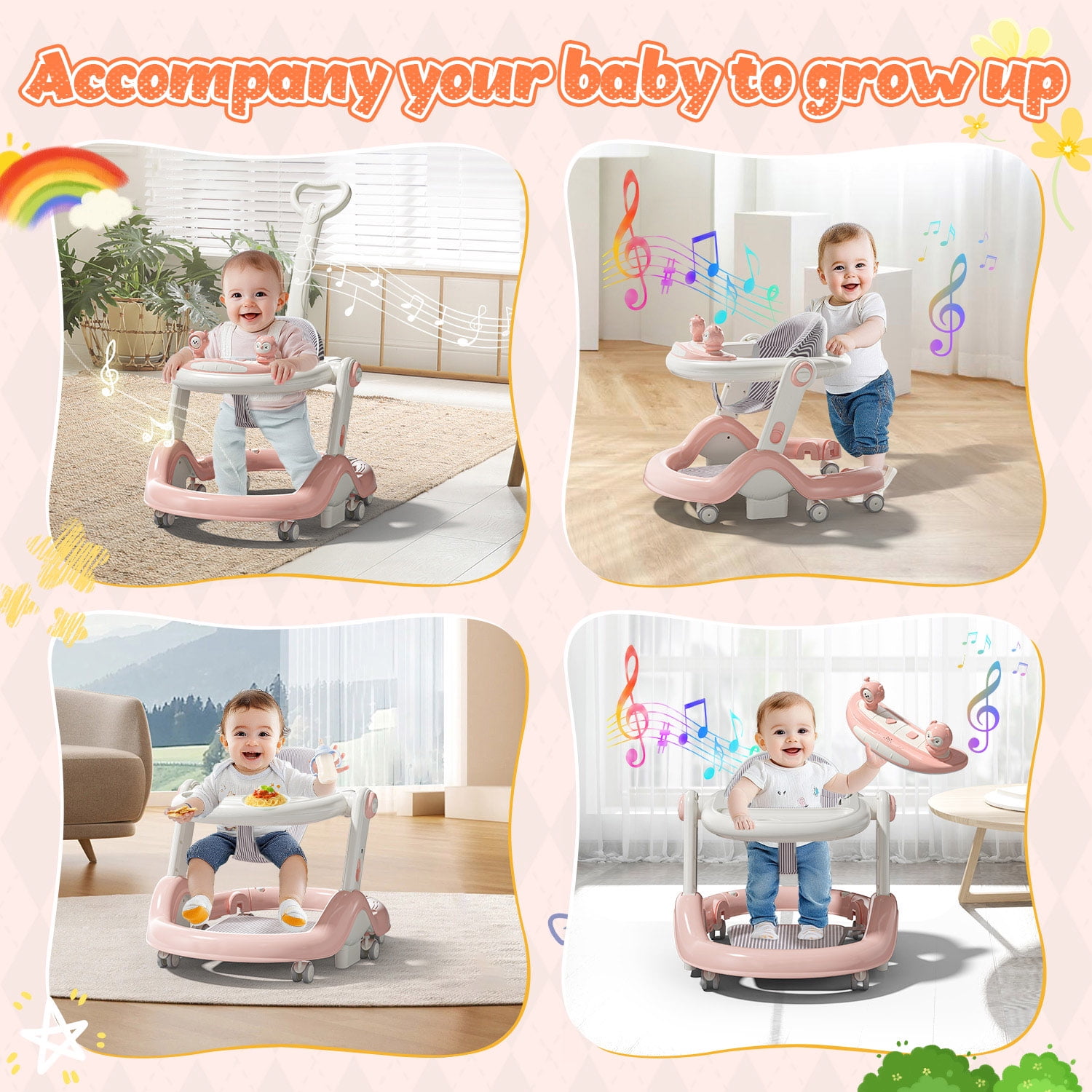 WonderStone 5-in-1 Baby Walker and Activity Center, Foldable Push Walker with Music and Lights (Pink, 27.5 in x 21 in x 19.68 in) 43quc