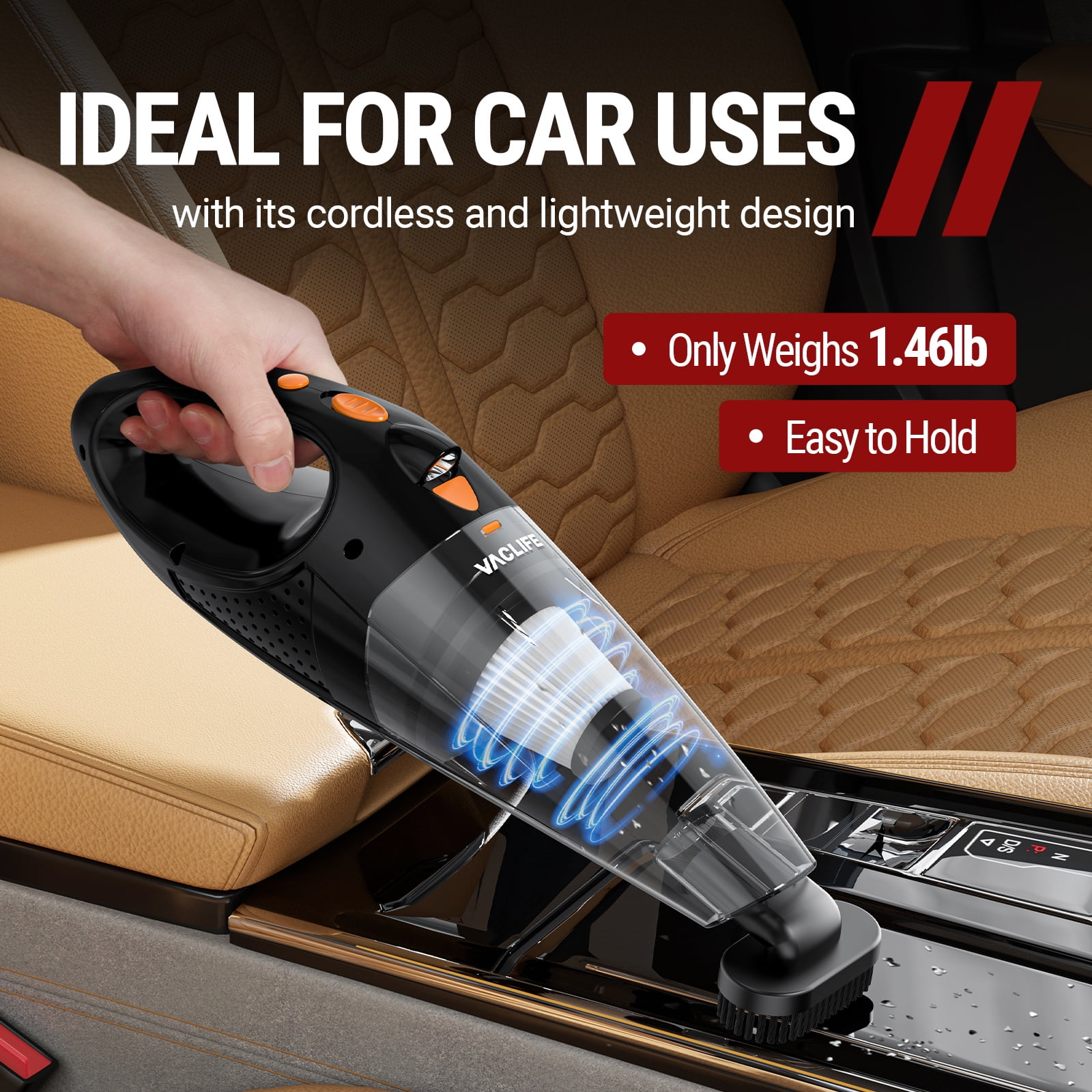 VacLife Handheld Vacuum Cordless Car Cleaner with HEPA Filter and LED Light (Orange, 1.46 lb) 3nkvo