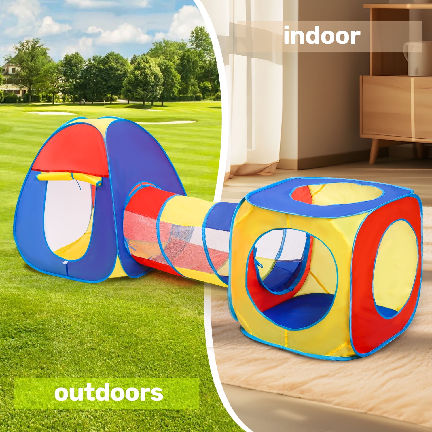 JoyStone Kids Pop Up Play Tent and Tunnel Set, Collapsible Indoor and Outdoor Jungle Gym (Multicolor, 3-Piece Set) 43nip