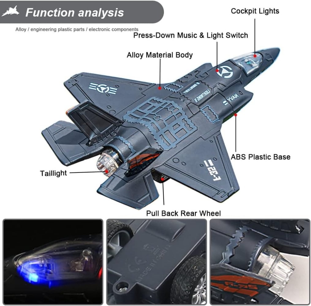 Ludolm F35 Fighter Jet Toy Diecast Metal Airplane Model with Lights and Sound (Blue, 8.5 in) pxq8p