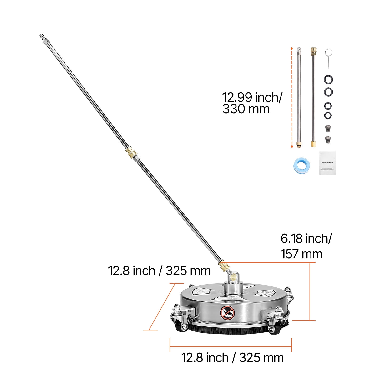KFFKFF 14 in Pressure Washer Surface Cleaner Attachment with Extension Wands and Quad Wheels (4000 PSI, Stainless Steel) t5n0k