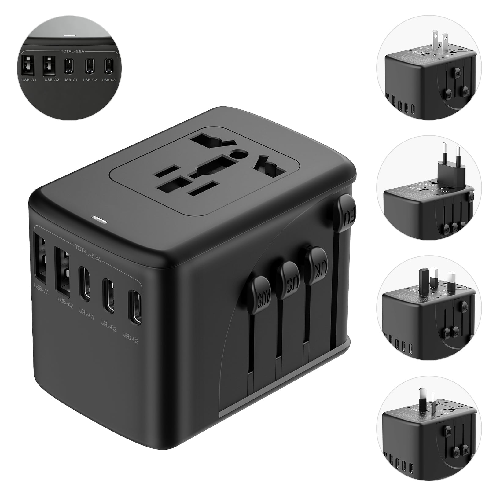 FAMOO Universal Travel Adapter International Power Plug with 3 USB-C and 2 USB-A Ports (Black) epx76