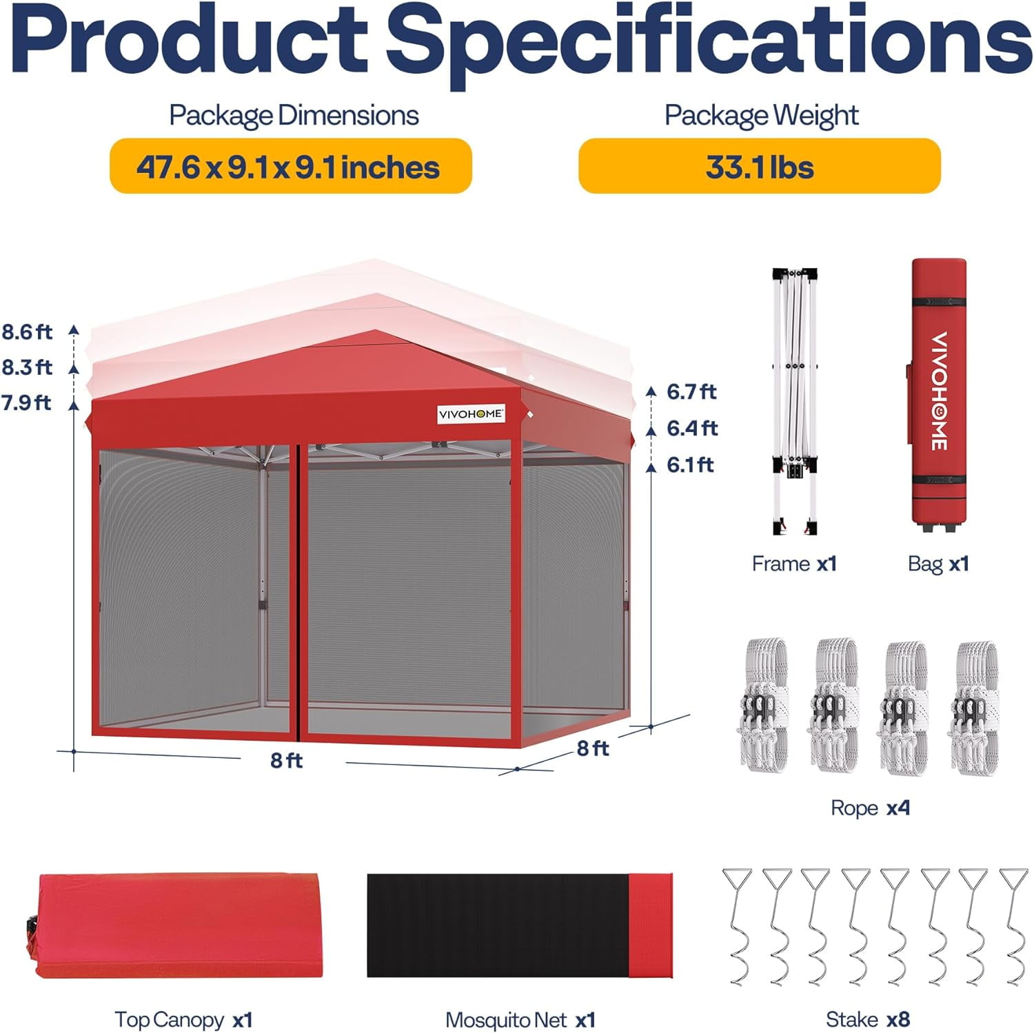 SPECSTAR 8 ft x 8 ft Easy Pop-Up Canopy Tent with Mesh Netting (Red, 8 ft x 8 ft) ui9ay