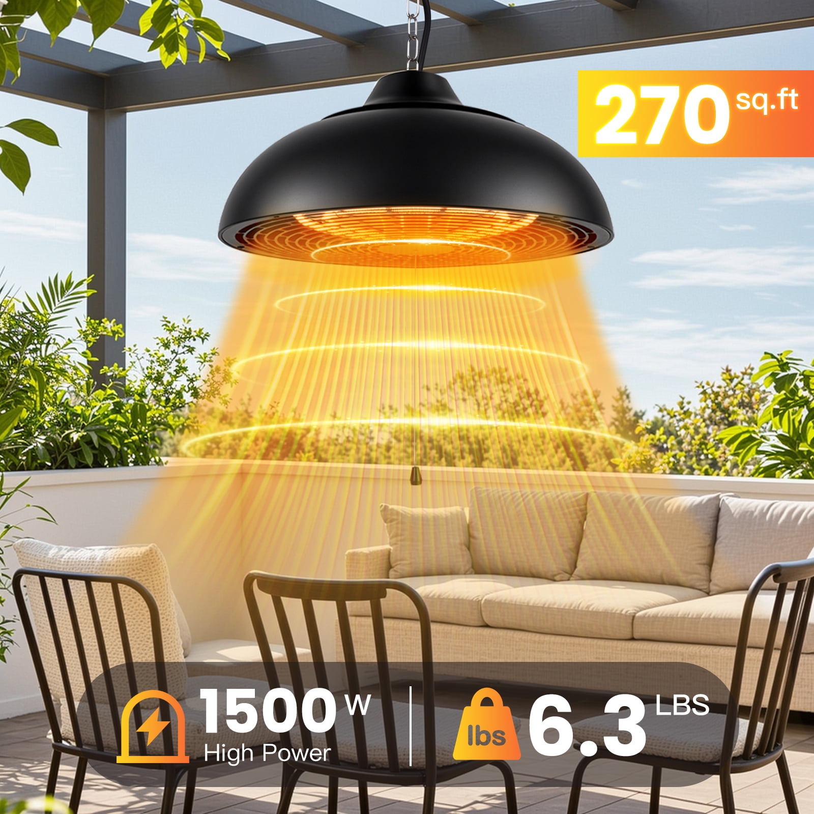 Advwin Electric Hanging Patio Heater, Ceiling Mounted Outdoor Space Heater with 3 Adjustable Heat Modes (1500W) yoqct