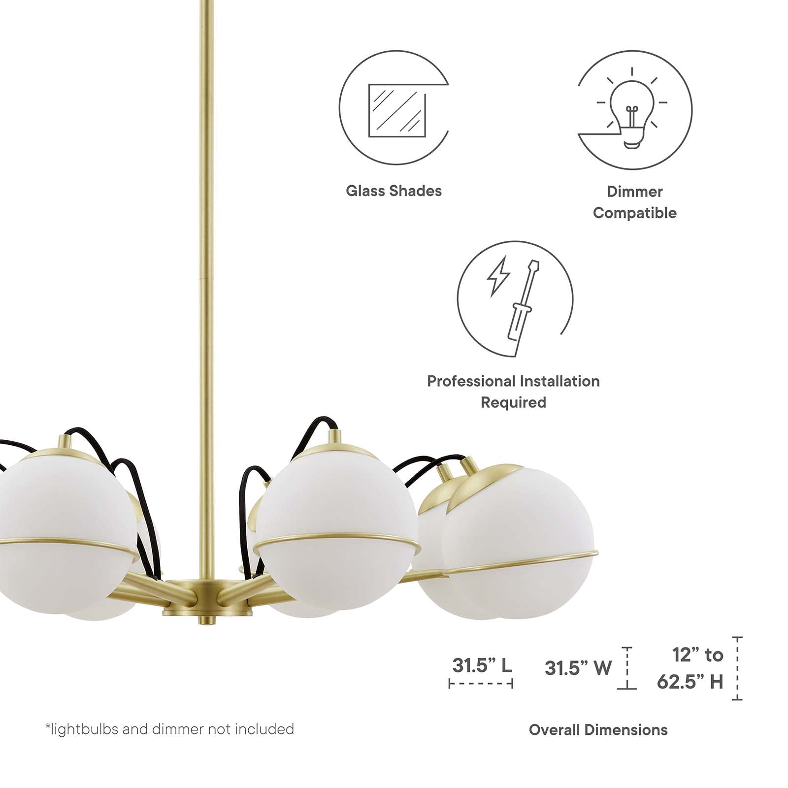 Modway Hanna 8-Light Chandelier Mid-Century Modern Ceiling Fixture (Opal Gold, 31.5 in) 646kk