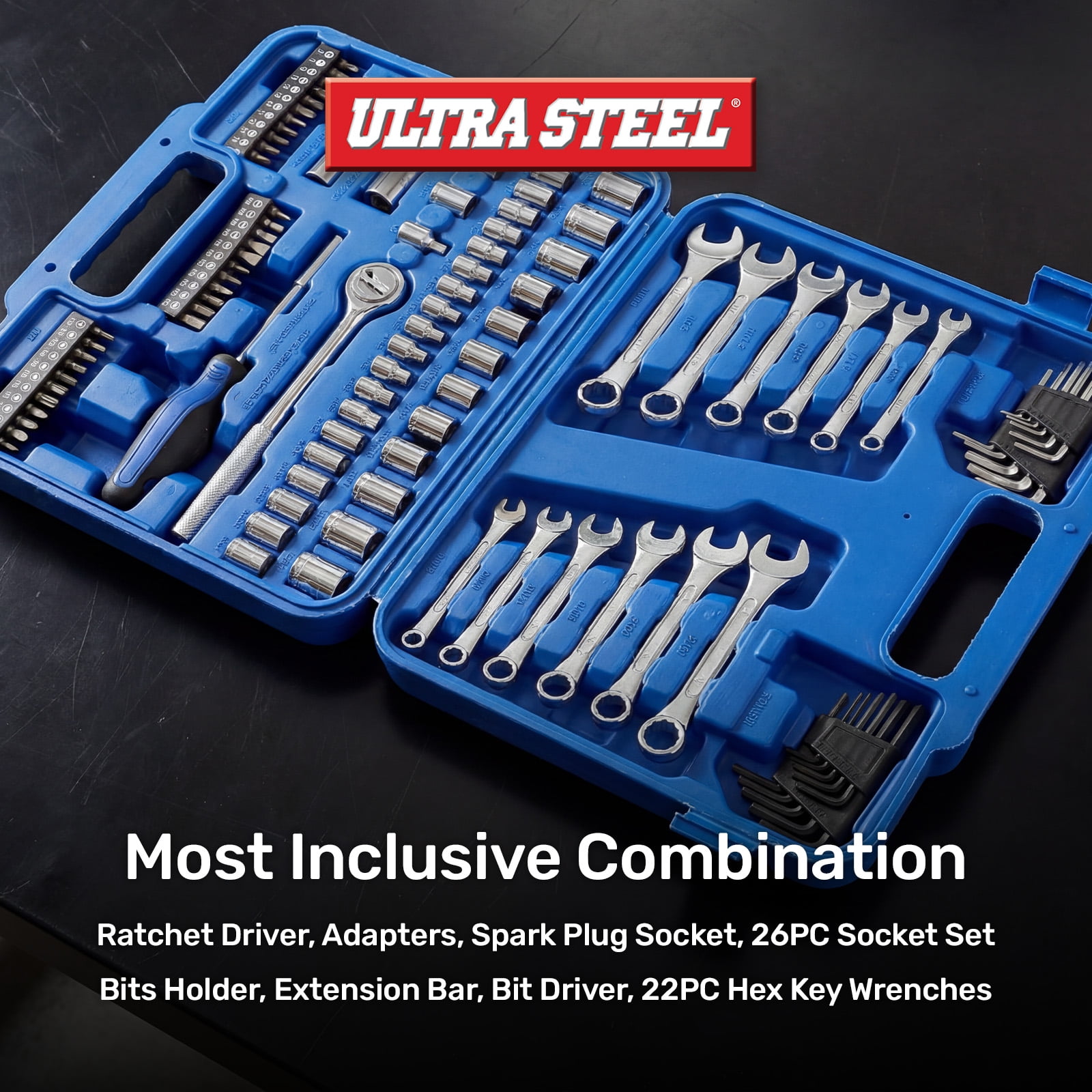Ultra Steel 113-Piece Professional Mechanic Tool Set with Ratchet, Sockets, and Bits (113-Piece Set) c8i94