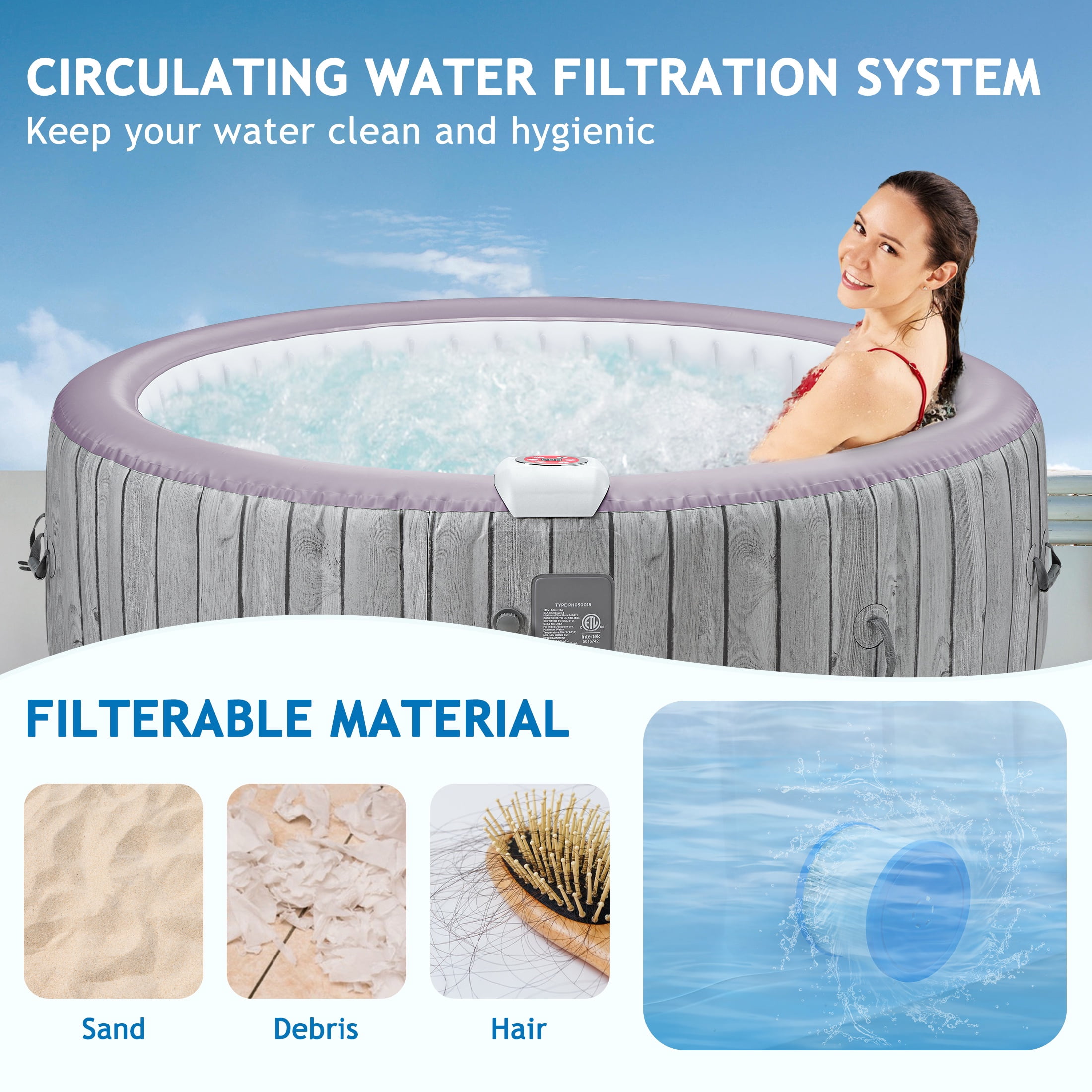 Segmart Inflatable Hot Tub, 5-7 Person Portable Outdoor Spa with 130 AirJets, Heater Pump, and Lockable Cover (Grey, 82 in) oziam
