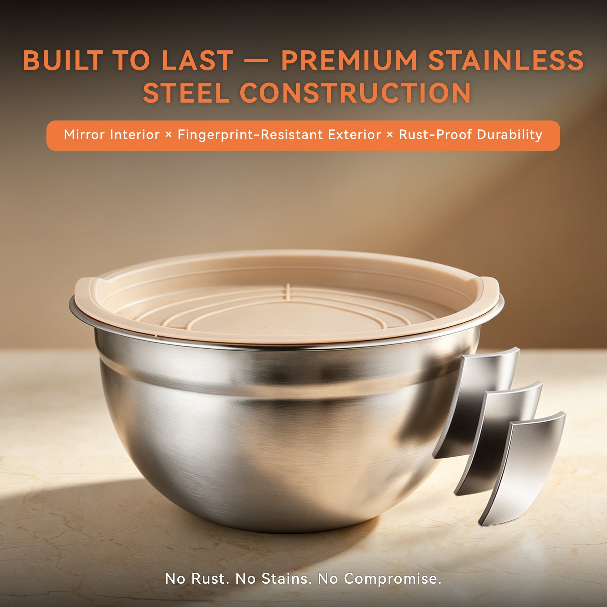 NULAS Stainless Steel Mixing Bowl Set with Airtight Lids, Nesting Kitchen Prep Bowls (Beige, 6-Piece Set) tqpq1