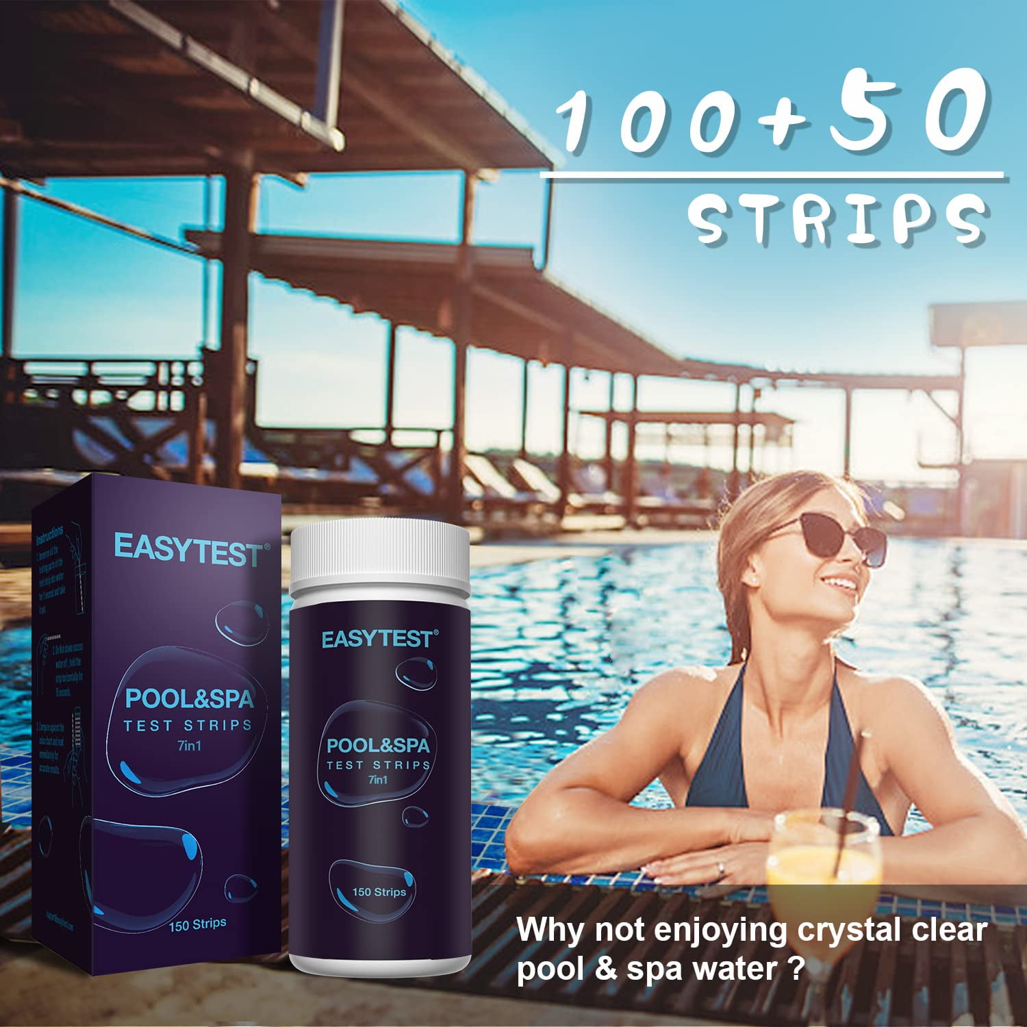 EASYTEST 7-Way Pool & Spa Water Test Strips (300 Count, Multi-Parameter Chemical Testing Kit) 6ij70