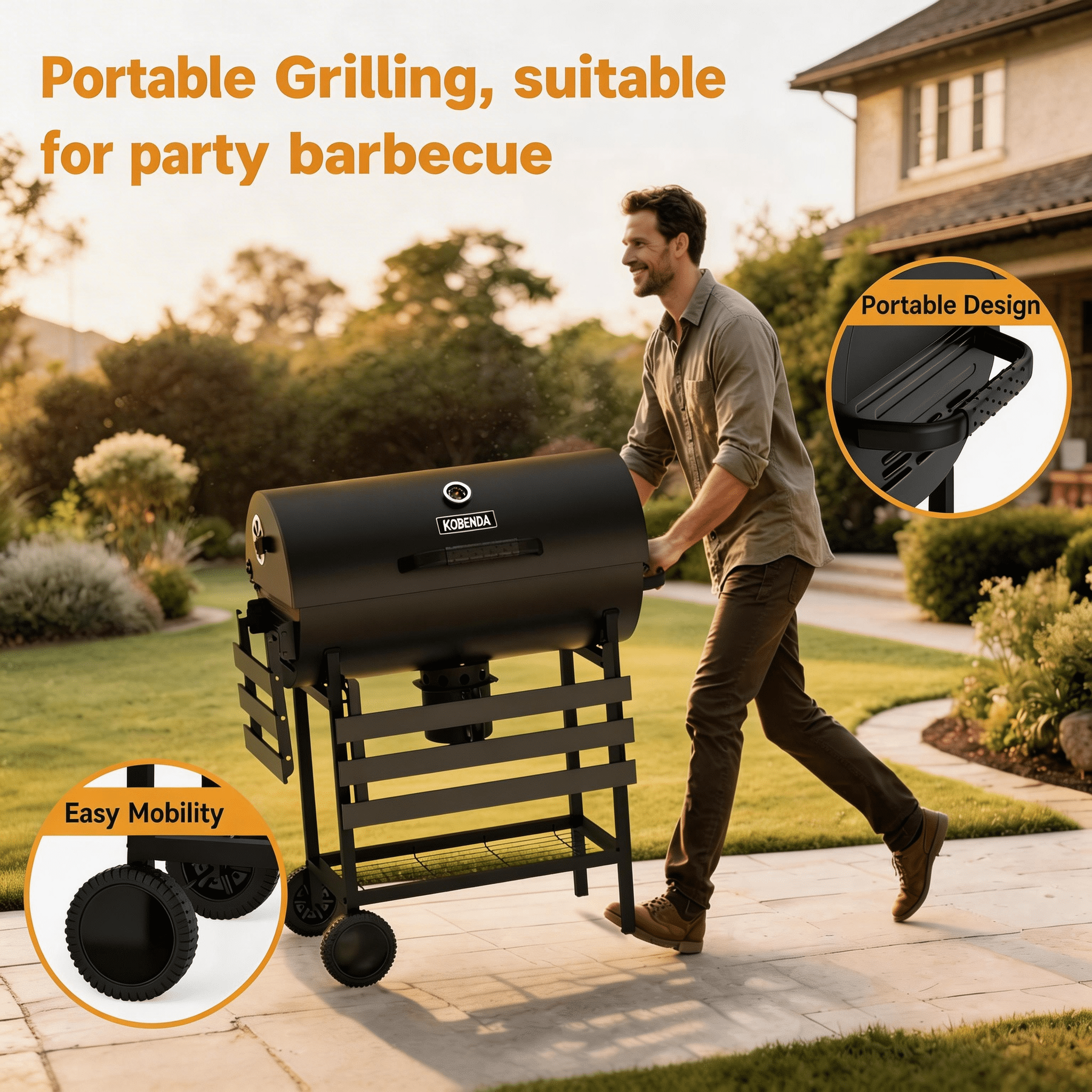 KOBENDA 29 in Barrel Charcoal Grill with Foldable Side Table and Removable Ashtray (Black, 29 in) qt2xl