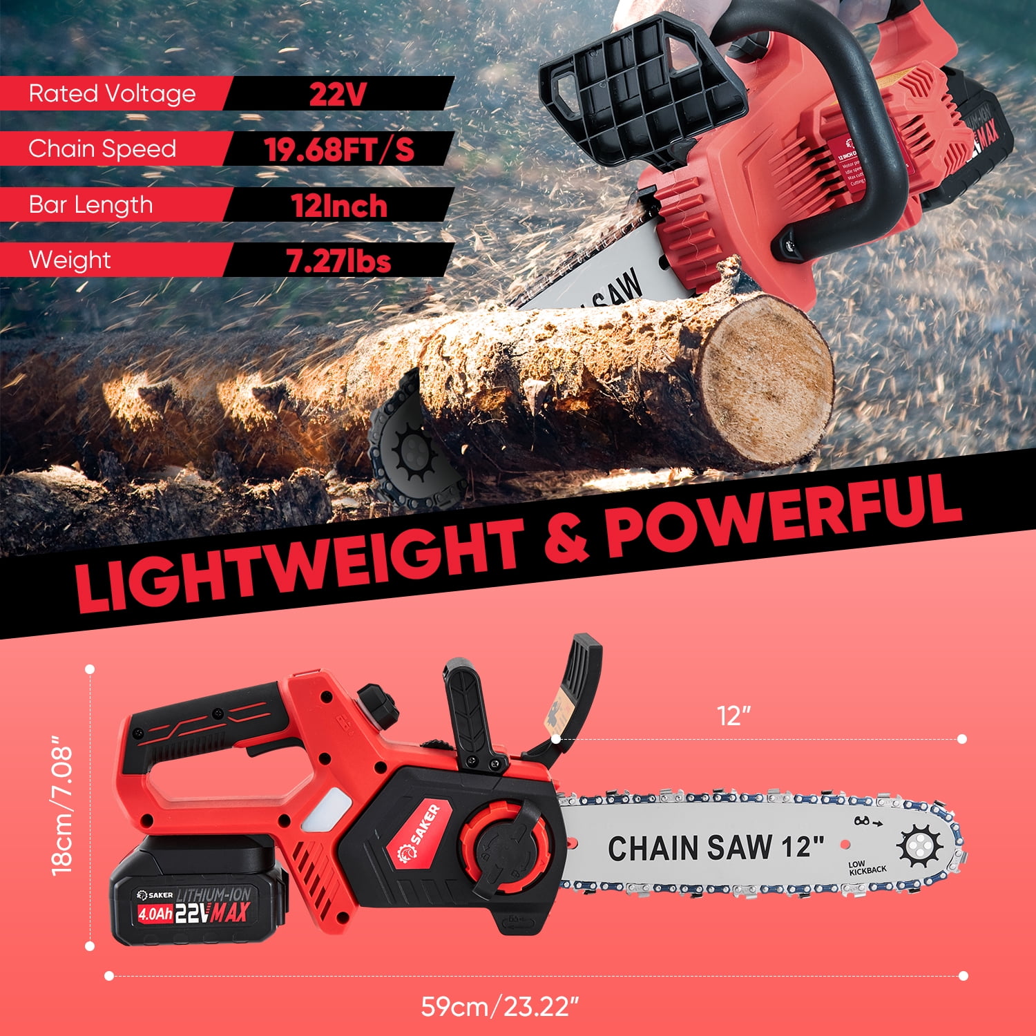 Saker 12 in 22V 4.0Ah Cordless Electric Chainsaw, Auto-Tension, LED Power Display (12 in) zxyz3