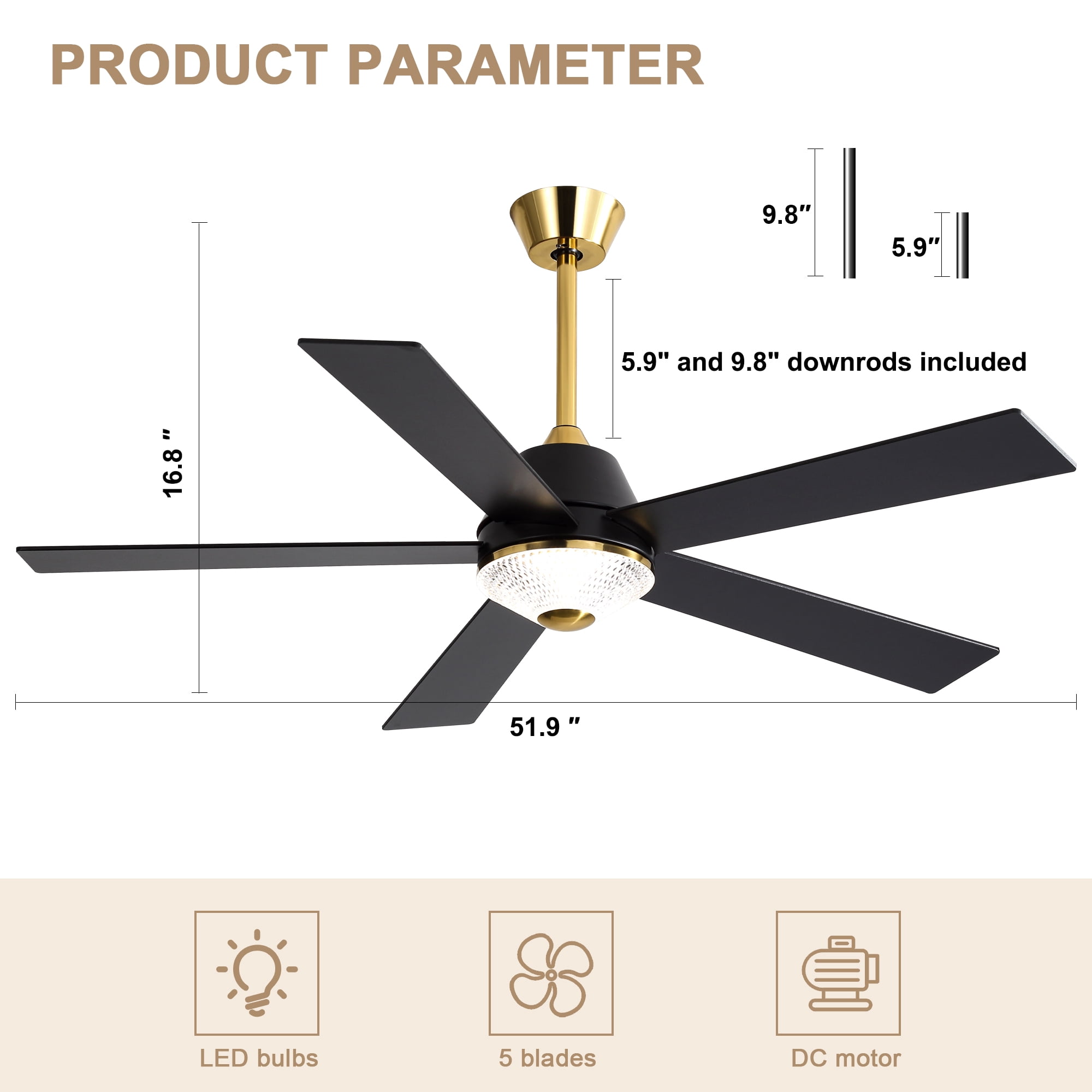Bella Depot 52 in Modern Ceiling Fan with Light and Remote Control (Black, 52 in) lzs8o