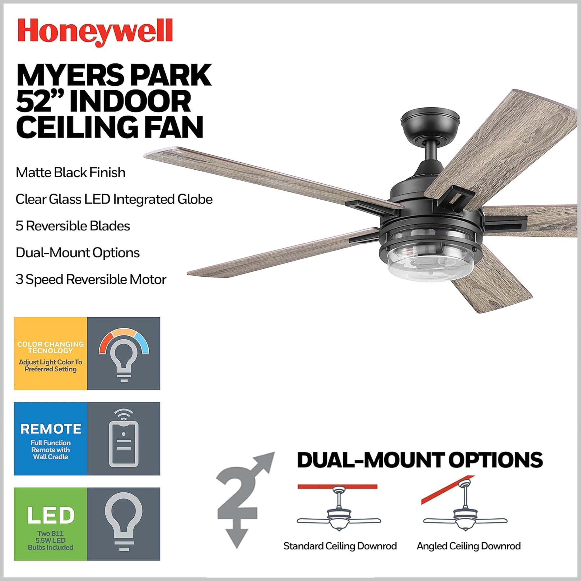 Honeywell Myers Park 52 in Ceiling Fan with Remote and Reversible Blades (Matte Black, 52 in) eyeup