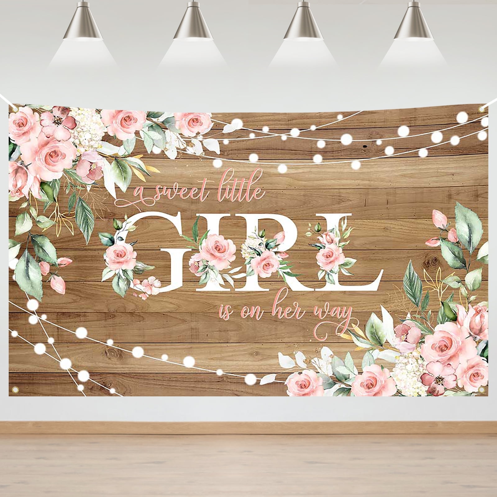 Mocsicka Rustic Baby Shower Backdrop Pink Flower Floral Banner for Girl (Pink, 71 in x 43 in) uzwto