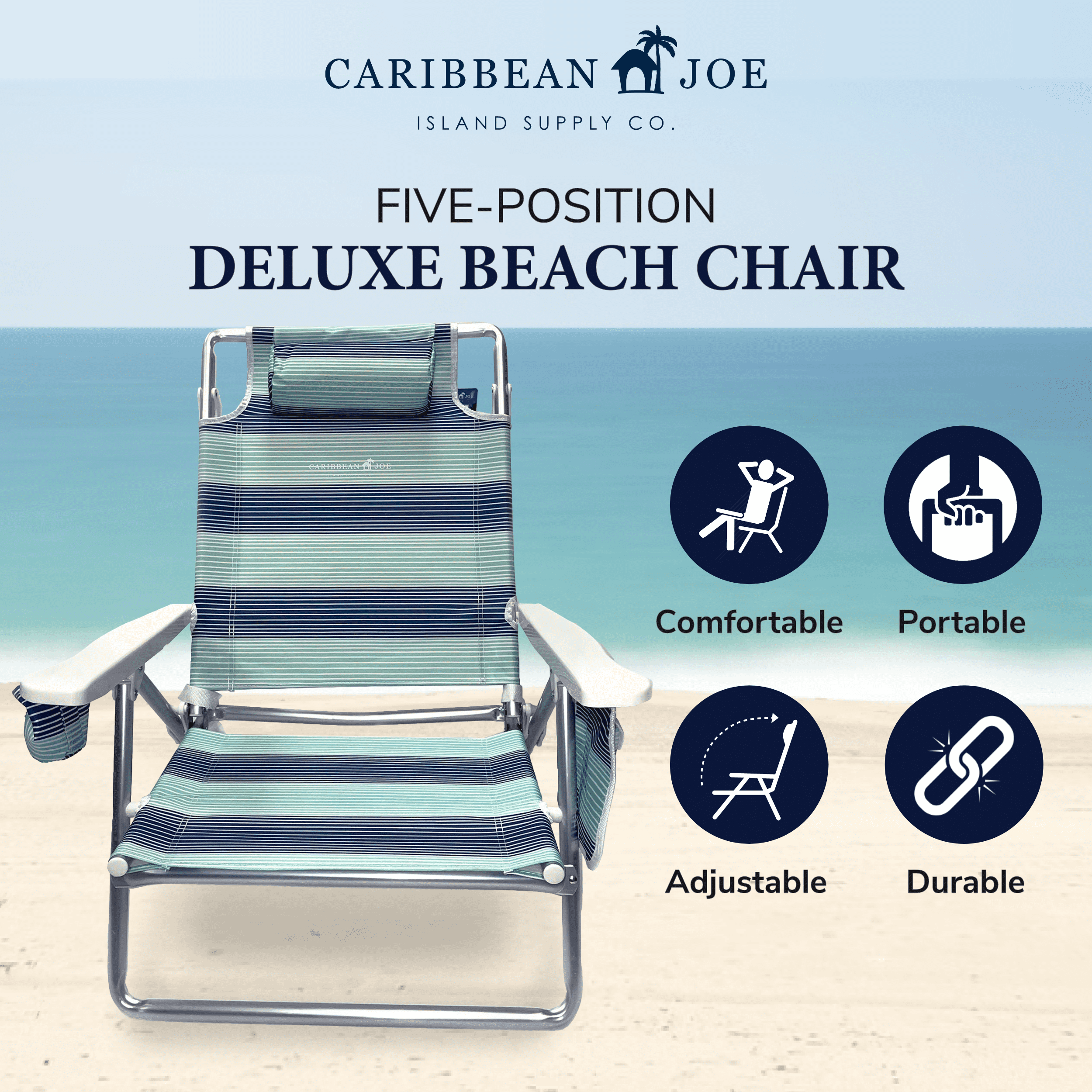 Caribbean Joe 5-Position Reclining Beach Chair with Storage and Headrest (Blue Teal Stripes, 250 lb Capacity) 2e1z9