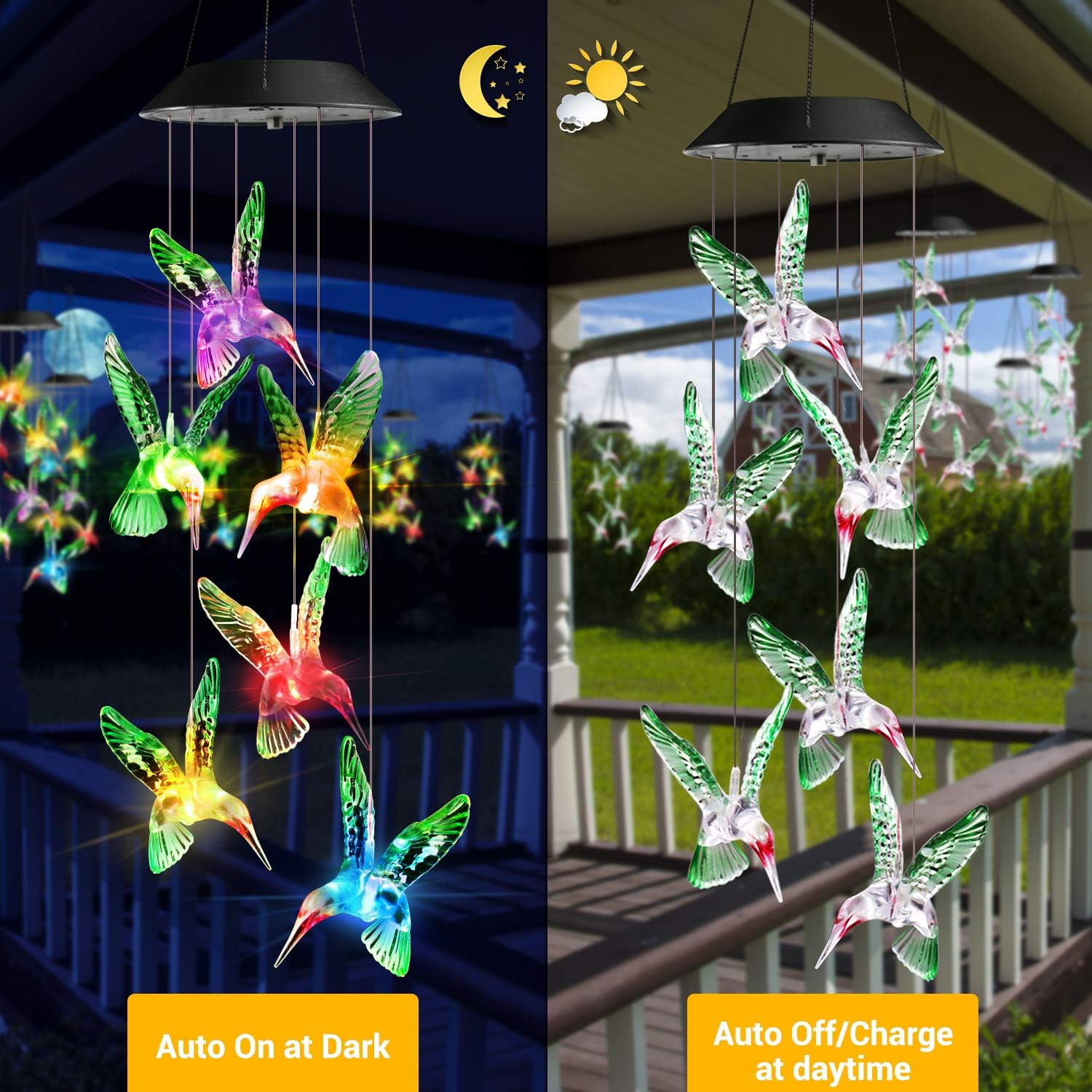 Bshapplus Solar Hummingbird Wind Chimes, Color Changing LED Waterproof Outdoor Hanging Light (1 Pack) 65wrk