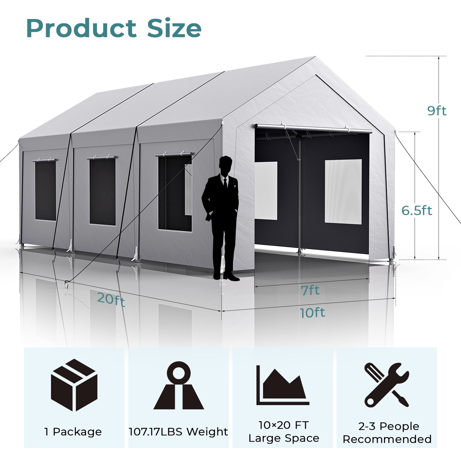 Vitarpatio Heavy Duty Carport Canopy, Reinforced Metal Portable Garage with 6 Roll-up Windows and Removable Sidewalls (Light Gray, 10x20 ft) 0trfm