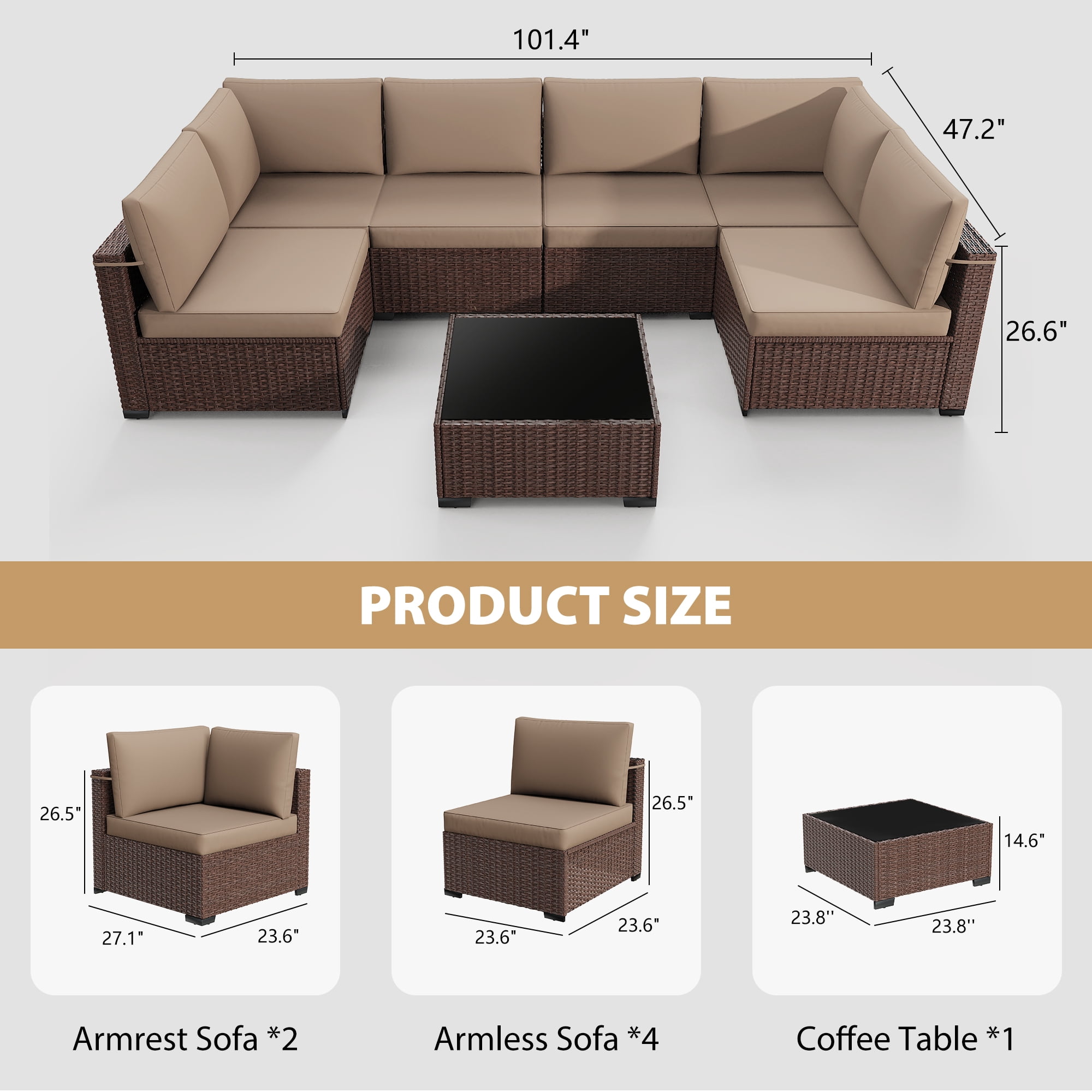 Kigoty 7-Piece Outdoor Patio Furniture Set, Wicker Rattan Sectional Sofa with Coffee Table (Brown, 7-Piece) qv5be