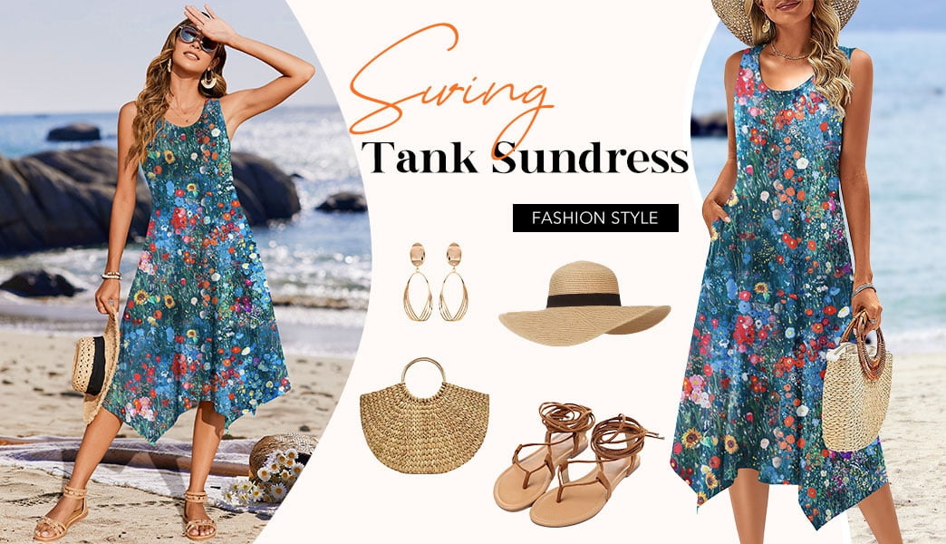 Fantaslook Floral Tank Dress for Women Sleeveless Asymmetrical Hem Sundress with Pockets (Blue, L) myn9q