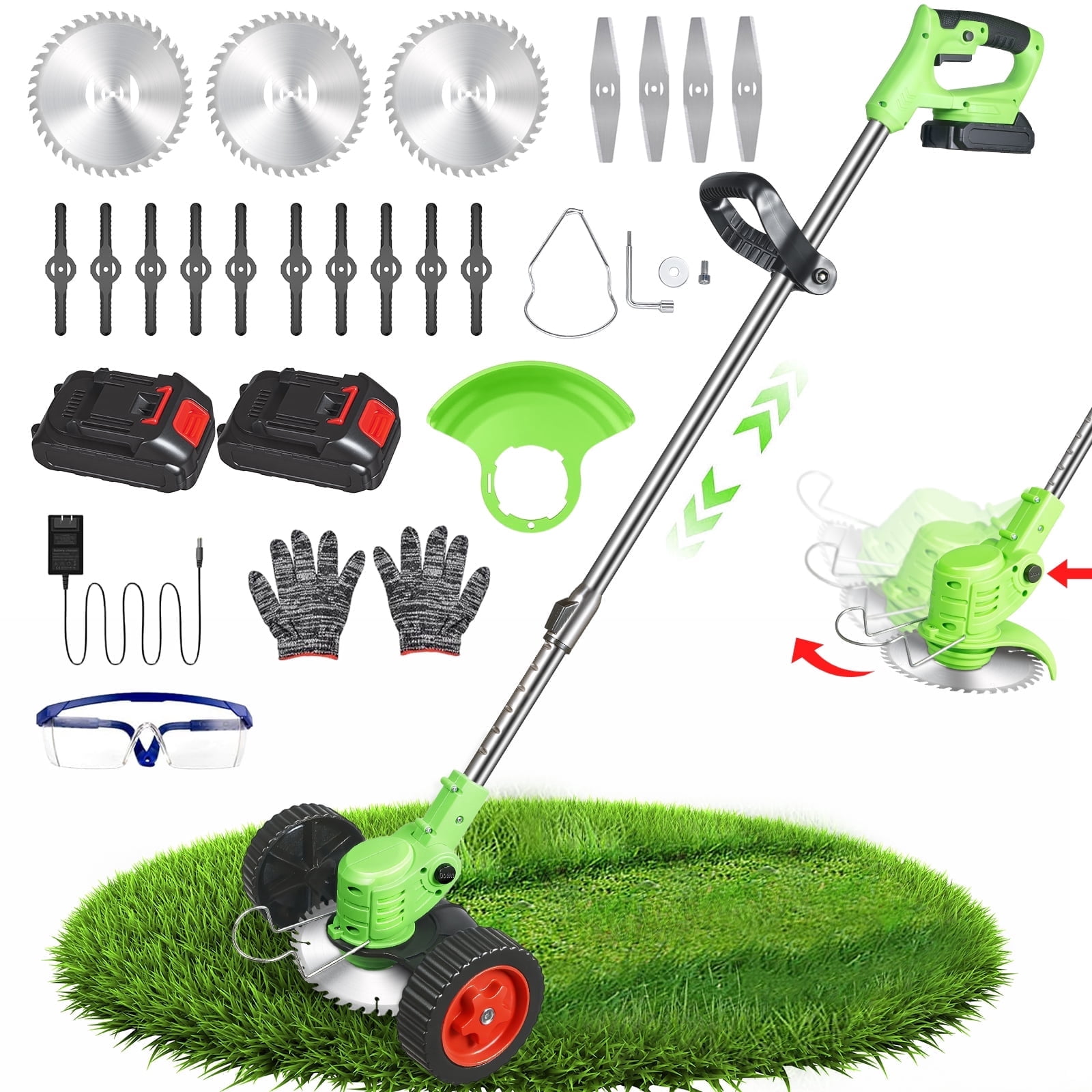 Paddsun Electric Cordless Lawn Trimmer, 21V Weed Wacker with Wheels and Adjustable Handle (Green, 47.2 in) mnmji