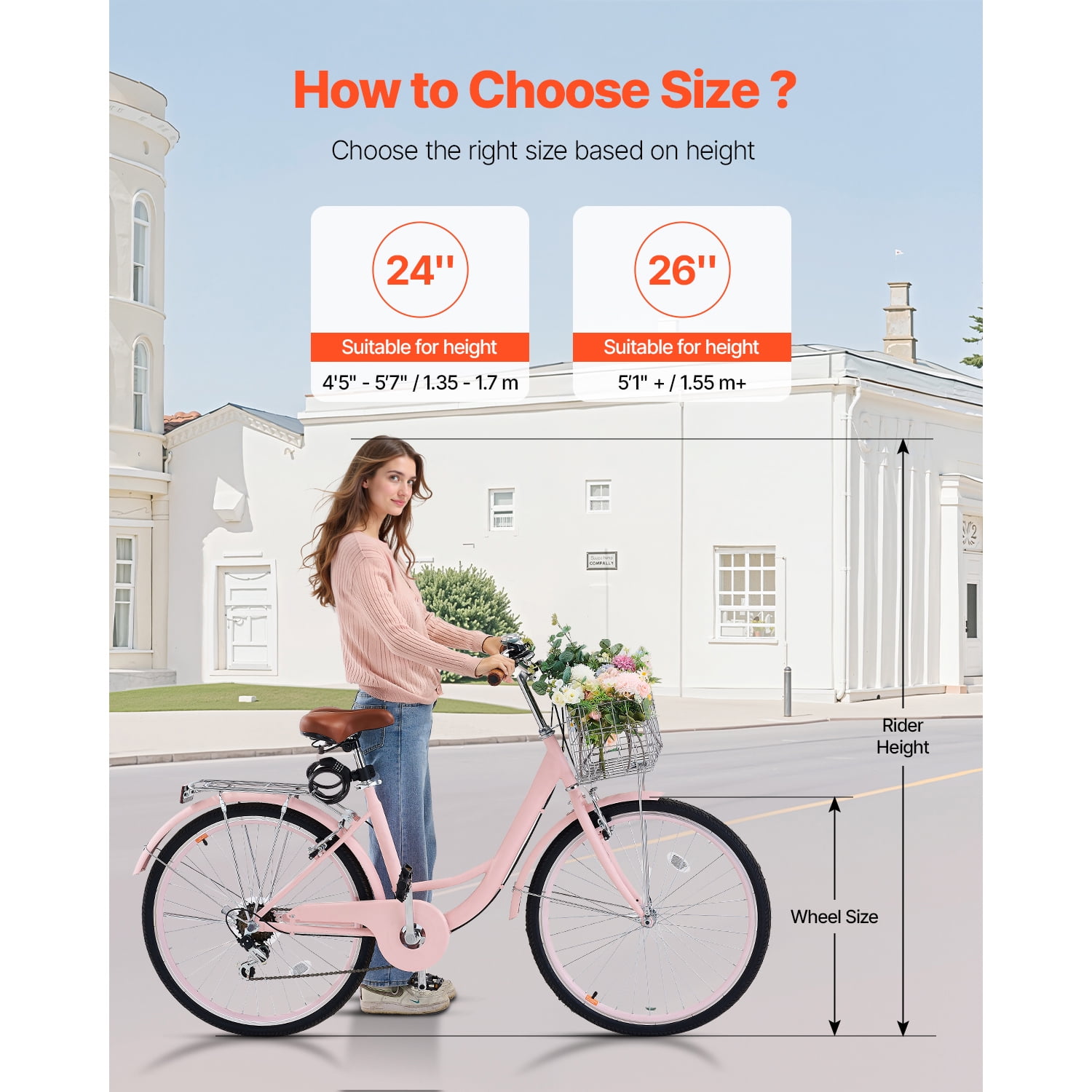 KFFKFF 26 in Cruiser Bike, 7-Speed Beach Bicycle with Basket and Rear Rack, Carbon Steel Frame for Adults (Rose-Tinted, 26 in) txqv8