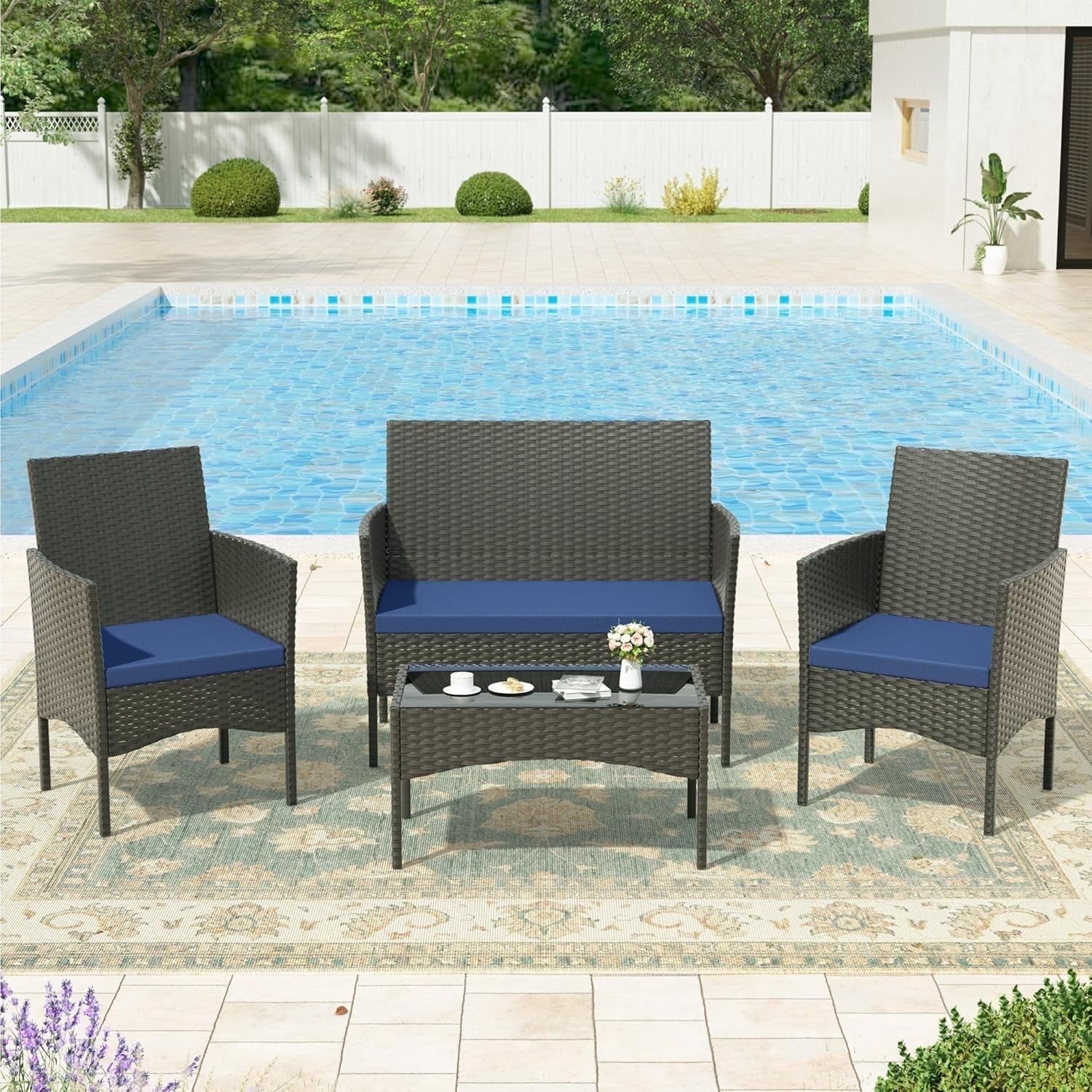 Kullavik 4-Piece Outdoor Patio Furniture Set, PE Wicker Rattan Conversation Set with Tempered Glass Table and Cushions (Navy Blue, 4-Piece Set) 1afkf