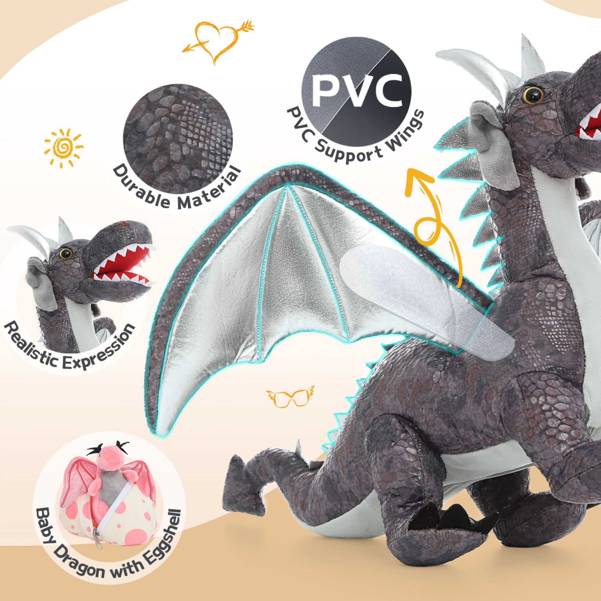 MaoGoLan Dragon Plush Set, Large Stuffed Mommy Dragon with 4 Babies and 2 Eggs (Grey, 21.6 in) fqjxr