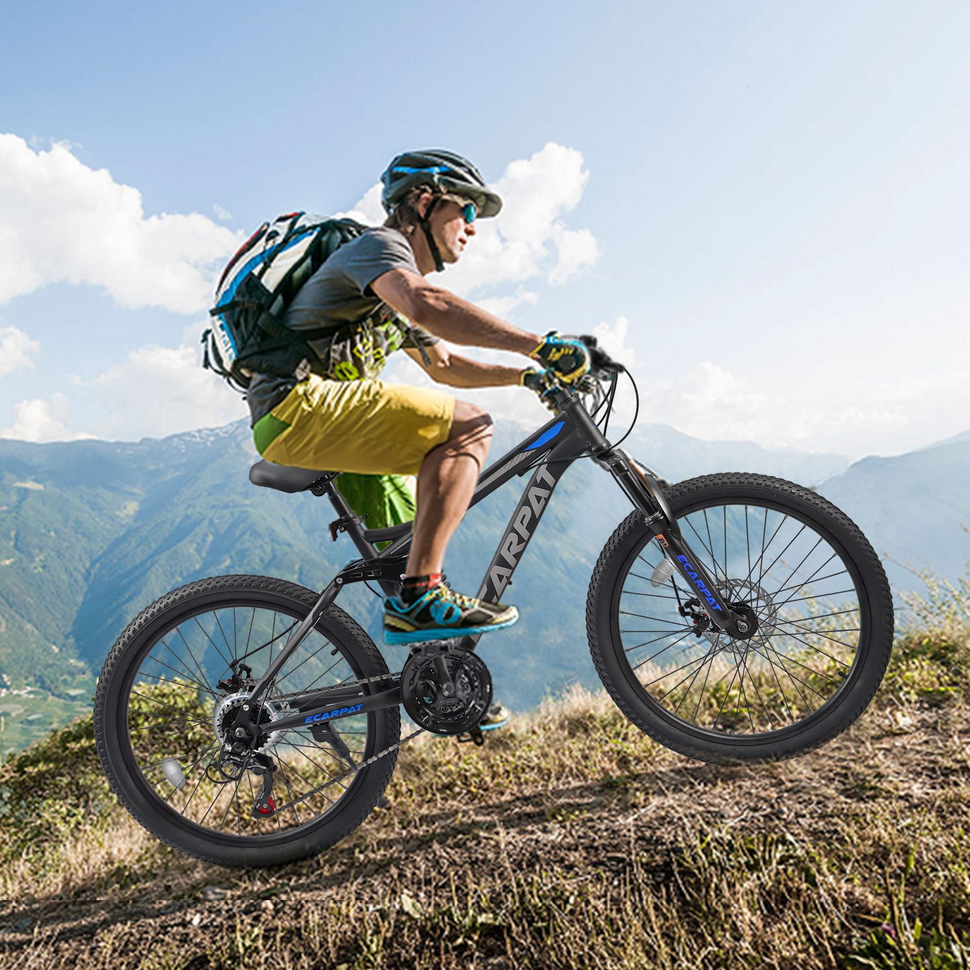 POVANLI 27 in Mountain Bike, Dual Full Suspension Trail Bicycle with 21-Speed Shimano Drivetrain and Dual Disc Brakes (Blue, 27 in) 1l7f5