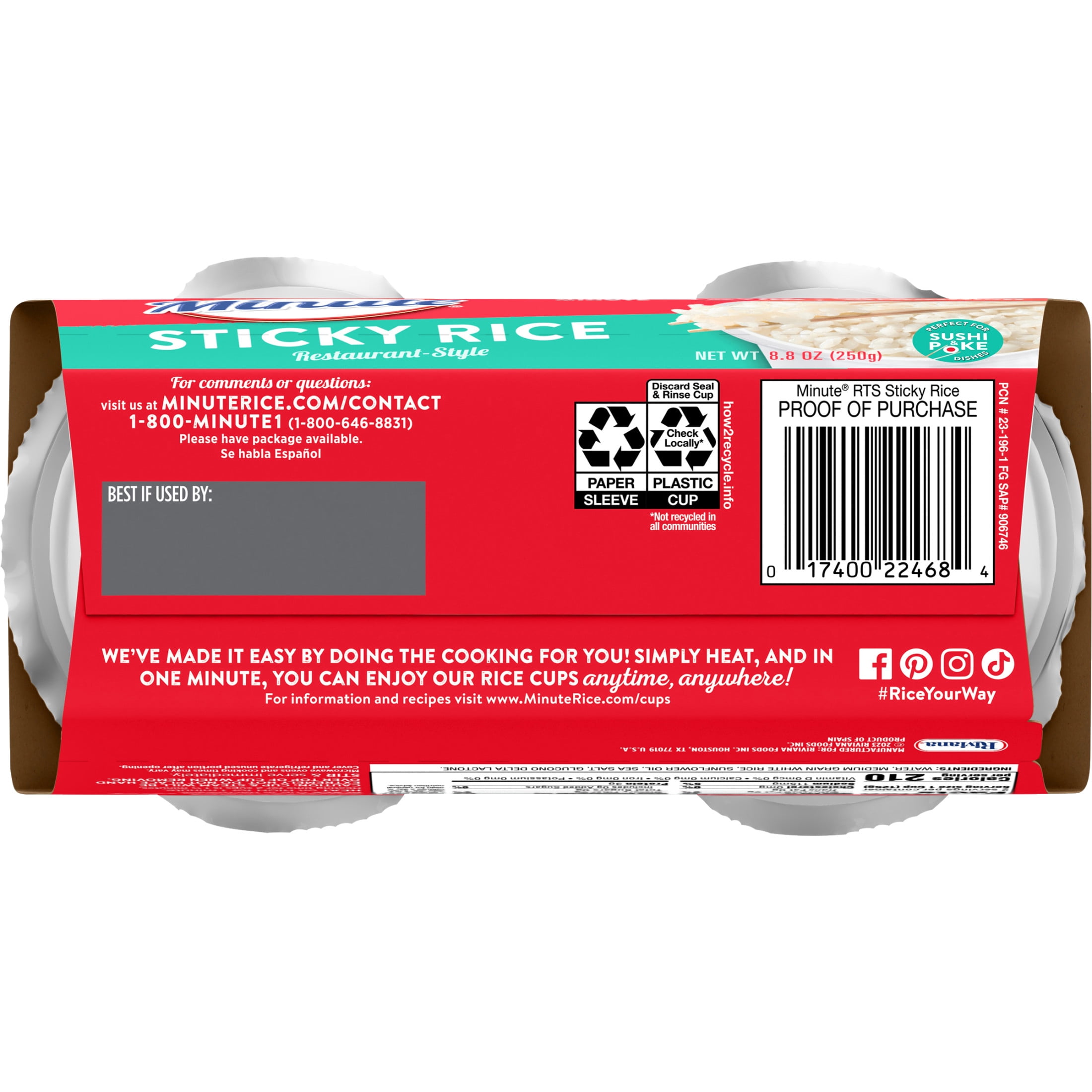 Minute Ready-to-Eat Restaurant-Style Sticky Rice, Microwaveable Rice Cups (White, 8.8 oz Total) p7x2b