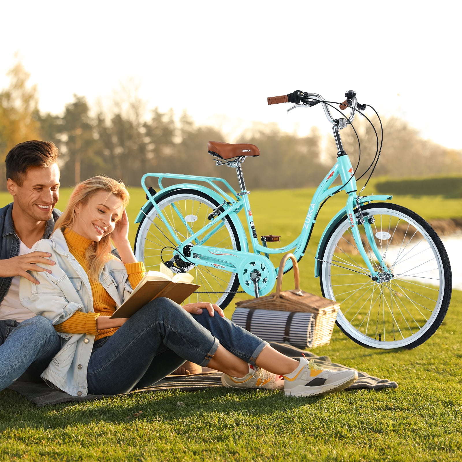 iYofe 24-inch Womens Commuter Bike, 7-Speed Cruiser Bicycle with Rear Seat and V-Brakes (Cyan, 24-inch) 5ut8f
