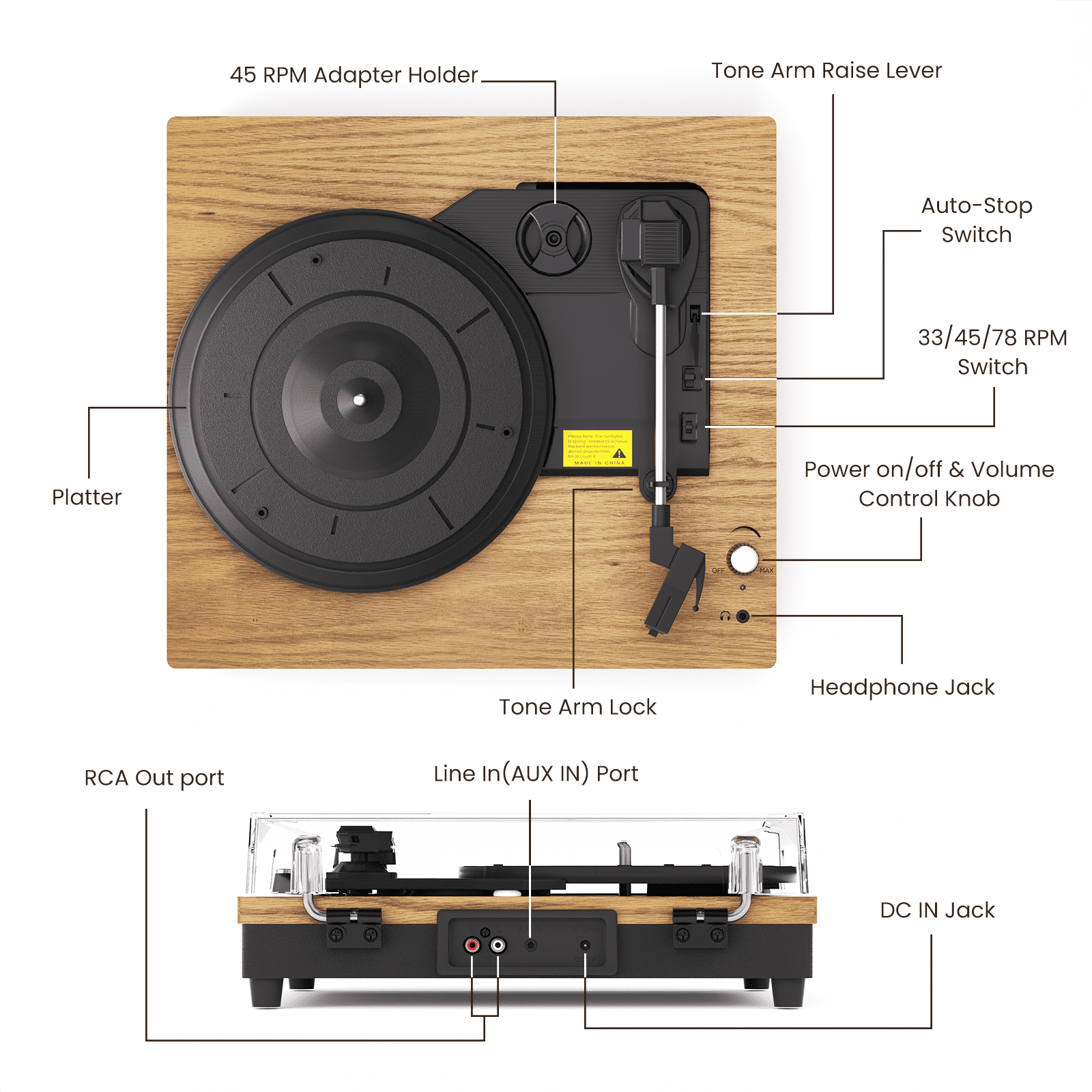 MAIO E200 Vintage Record Player, 3-Speed Belt-Driven Turntable with Built-in Stereo Speakers, Bluetooth Connectivity (Wood, 13.8 in x 10.2 in x 4.7 in) 5o7wg