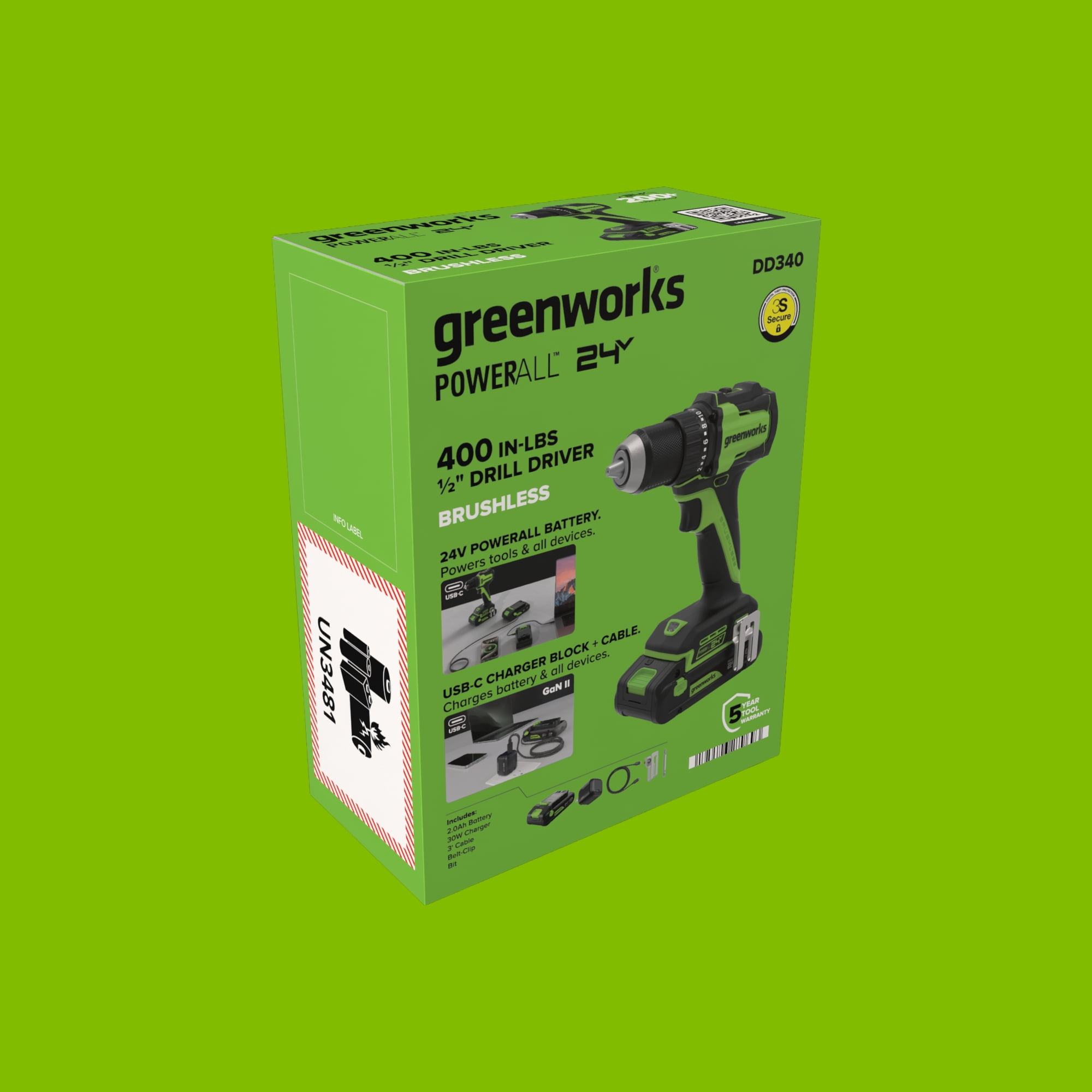 Greenworks 24V Brushless 1/2 in Cordless Drill Driver with 2 Ah Battery and Charger (Black, 2-Speed) doo1f