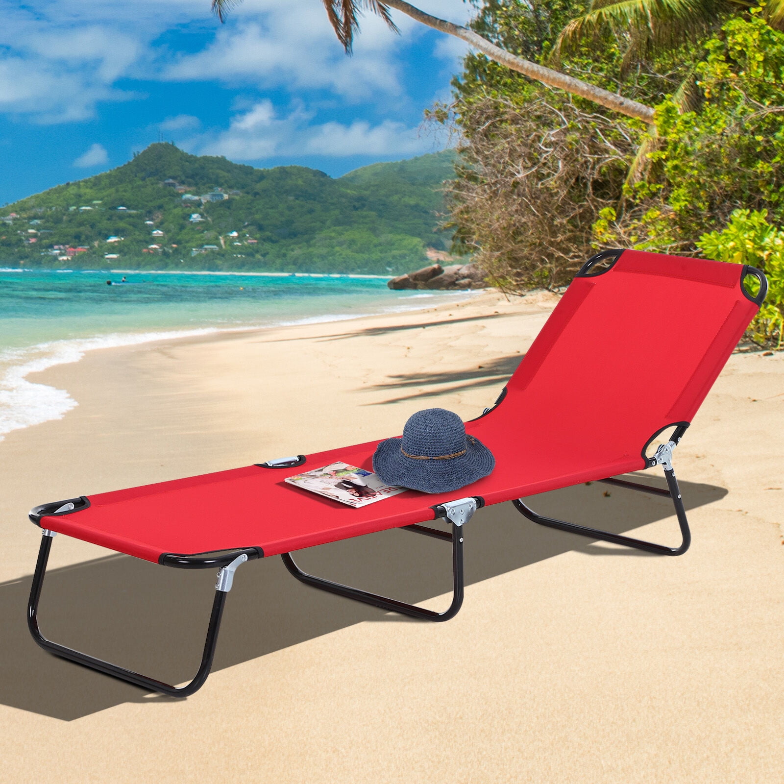 PuppyCheer 74 in Folding Chaise Lounge Chair, 5-Position Reclining Pool and Beach Chair (Red, 74 in x 22 in) sf53x