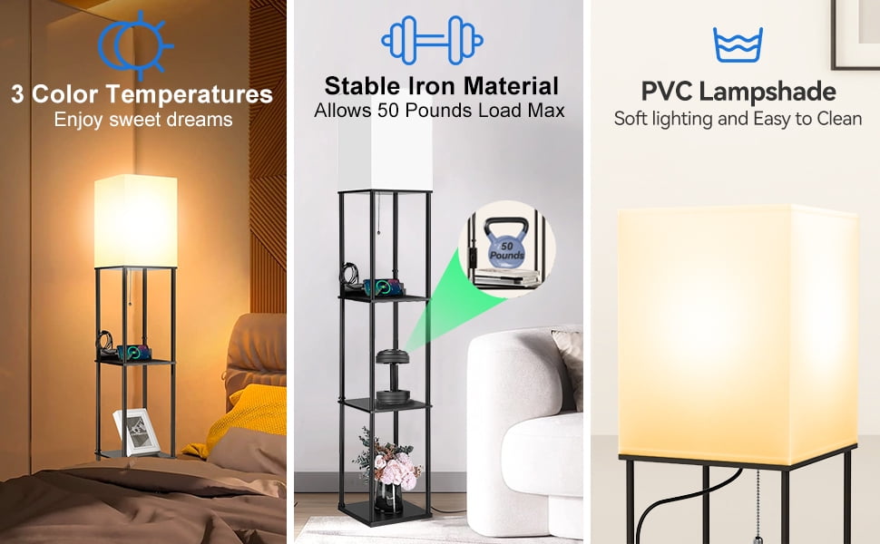 NUNET Floor Lamp with Shelves, 3-Tier Storage Organizer, 2AC Outlets & 2USB Ports, 3 Color Temperature LED (White, 2PK) 0dd17