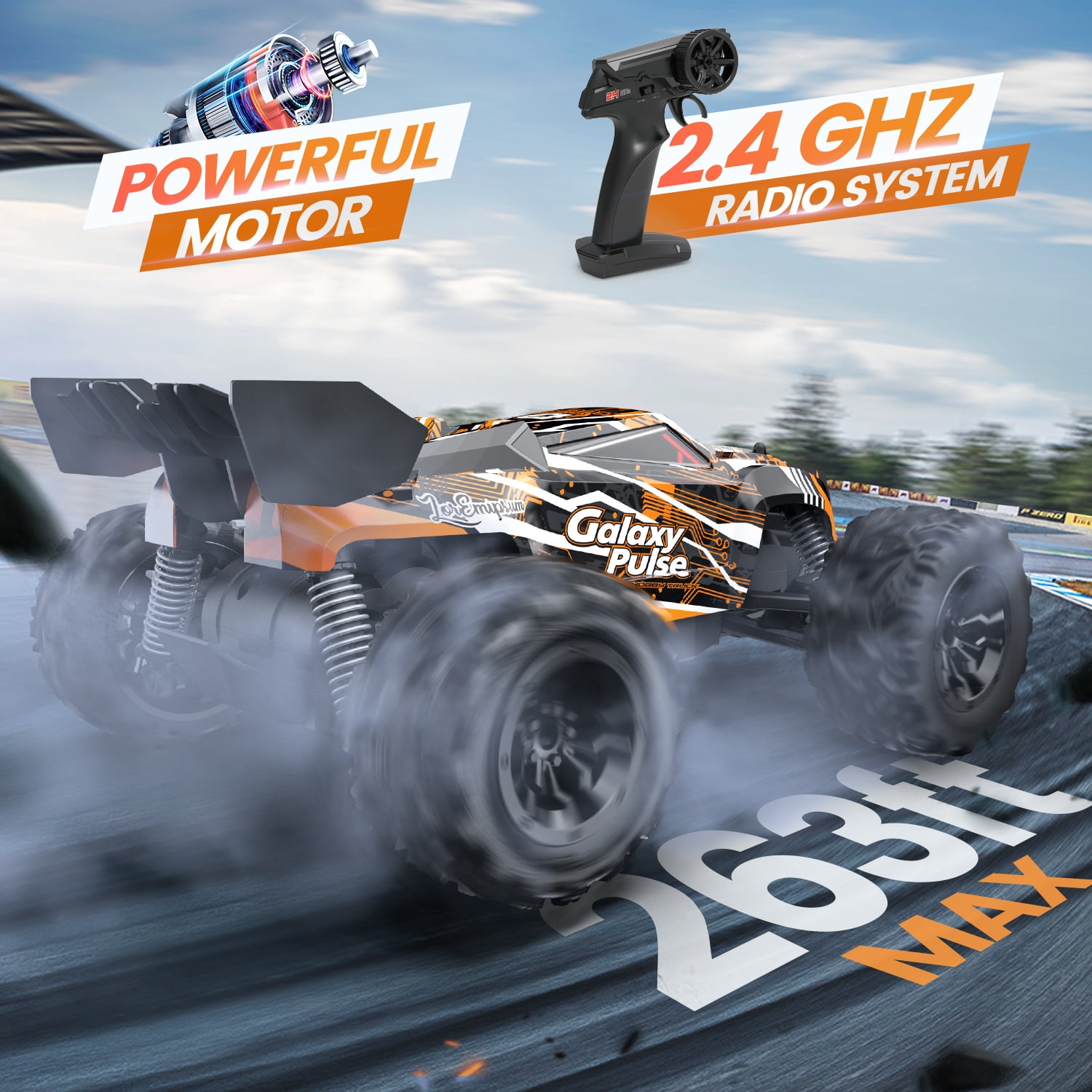 JoyStone Remote Control Monster Truck, All-Terrain 2.4GHz RC Car with 2 Rechargeable Batteries (Black & Orange, 1:18 Scale) ejmuy