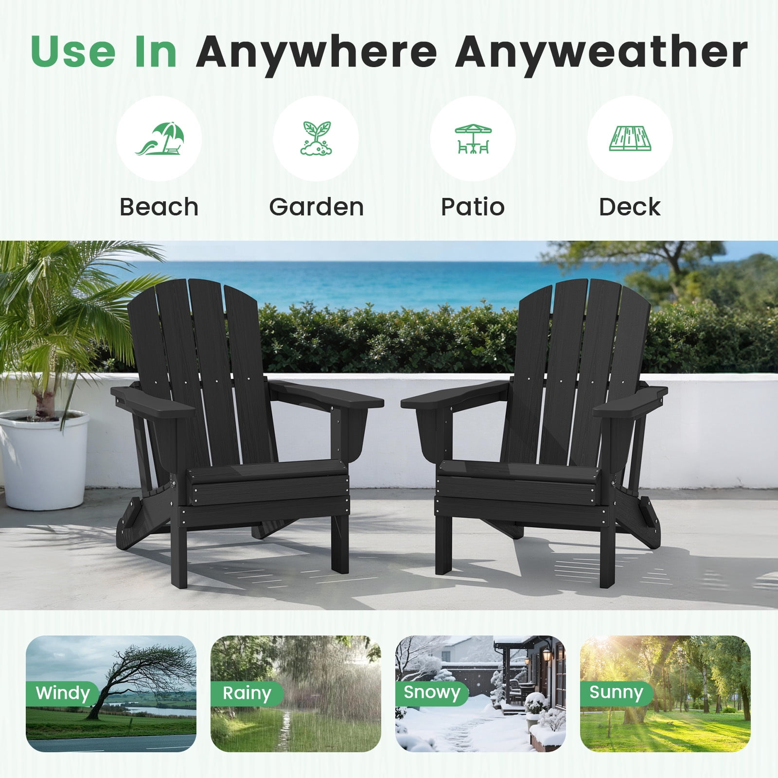 Loyalice Folding Adirondack Chair, Weather-Resistant HDPE Outdoor Patio Chair with Ergonomic Backrest (Black, 360 lb Capacity) wxm2z