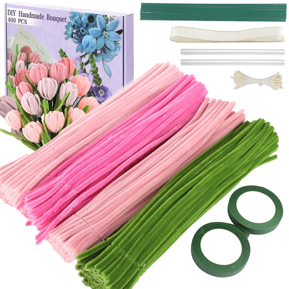 Yucurem Pipe Cleaners Craft Kit for DIY Flower Making, Chenille Stems with Floral Wires and Ribbon (Pink, 400 Pieces) rehc5