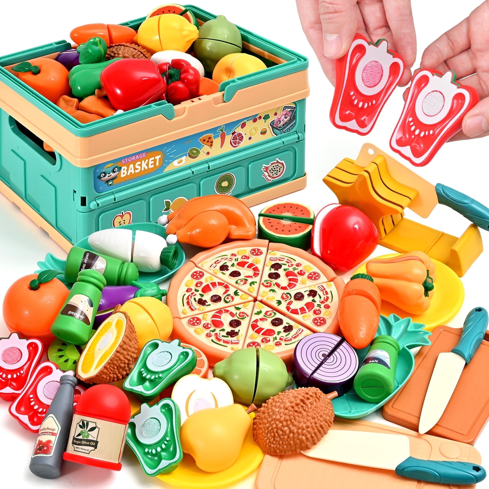 TOPFOX Play Food Set for Toddlers, Pretend Kitchen Accessories with Foldable Basket and Cutting Toys (Red, 1 Set) v1j9g