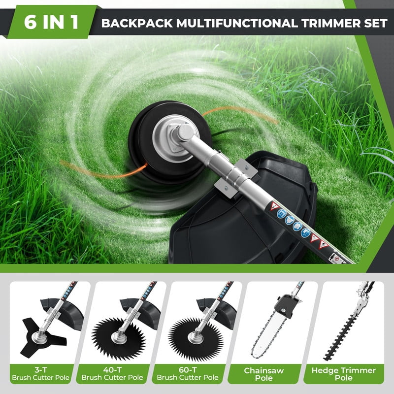 EAYSG 6-in-1 Gas-Powered Backpack Multifunctional Trimmer Set (Green, 52CC Engine) oyu39