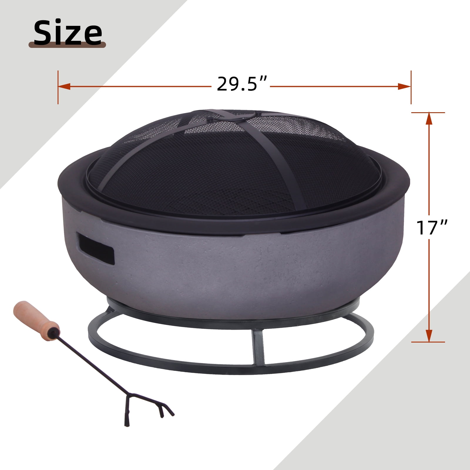 Afterglow Round Terrafab Wood Burning Fire Pit with Spark Screen and Poker (Light Gray, 31.89 in x 31.89 in x 13.58 in) zsyrq