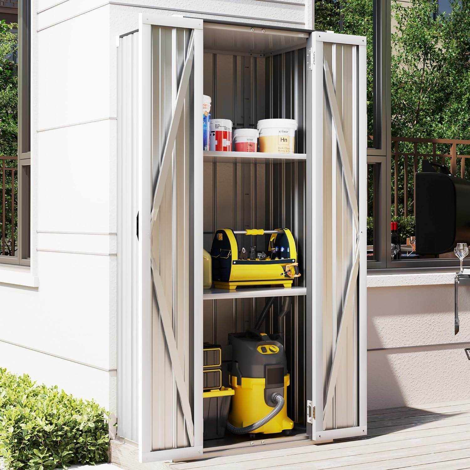 AECOJOY Outdoor Storage Cabinet Metal Organizer with Adjustable Shelves and Lockable Doors (White) lcobe