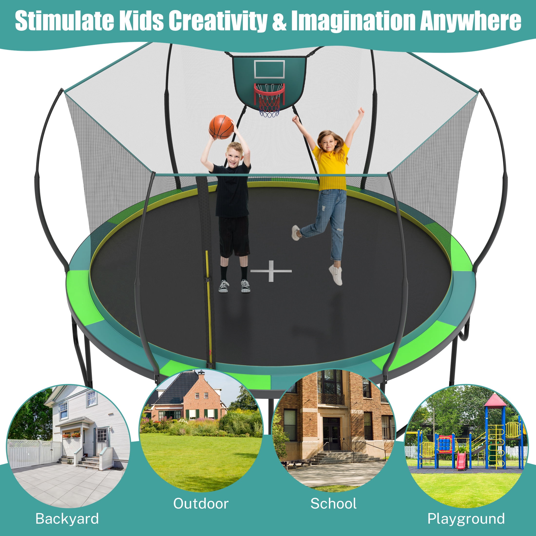 Segmart 14 Ft Outdoor Recreational Trampoline with Enclosure Net and Safety Zipper System (Green, 880 lb) 32bmh