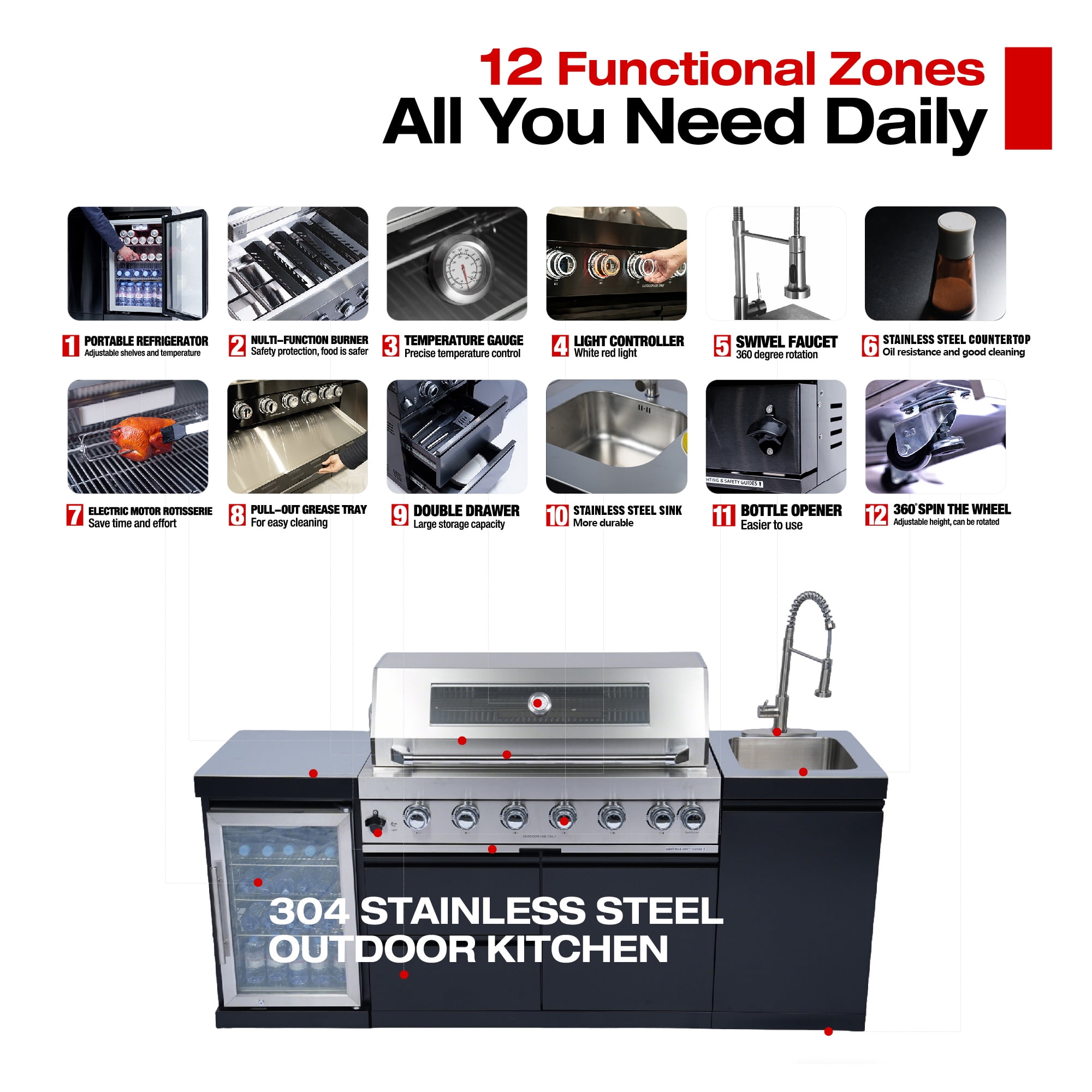 Navratil 82-Inch 6-Burner Gas Outdoor Kitchen Island Grill with Wine Cooler, Rotisserie, and Storage (Black, 82 in) 3u91l
