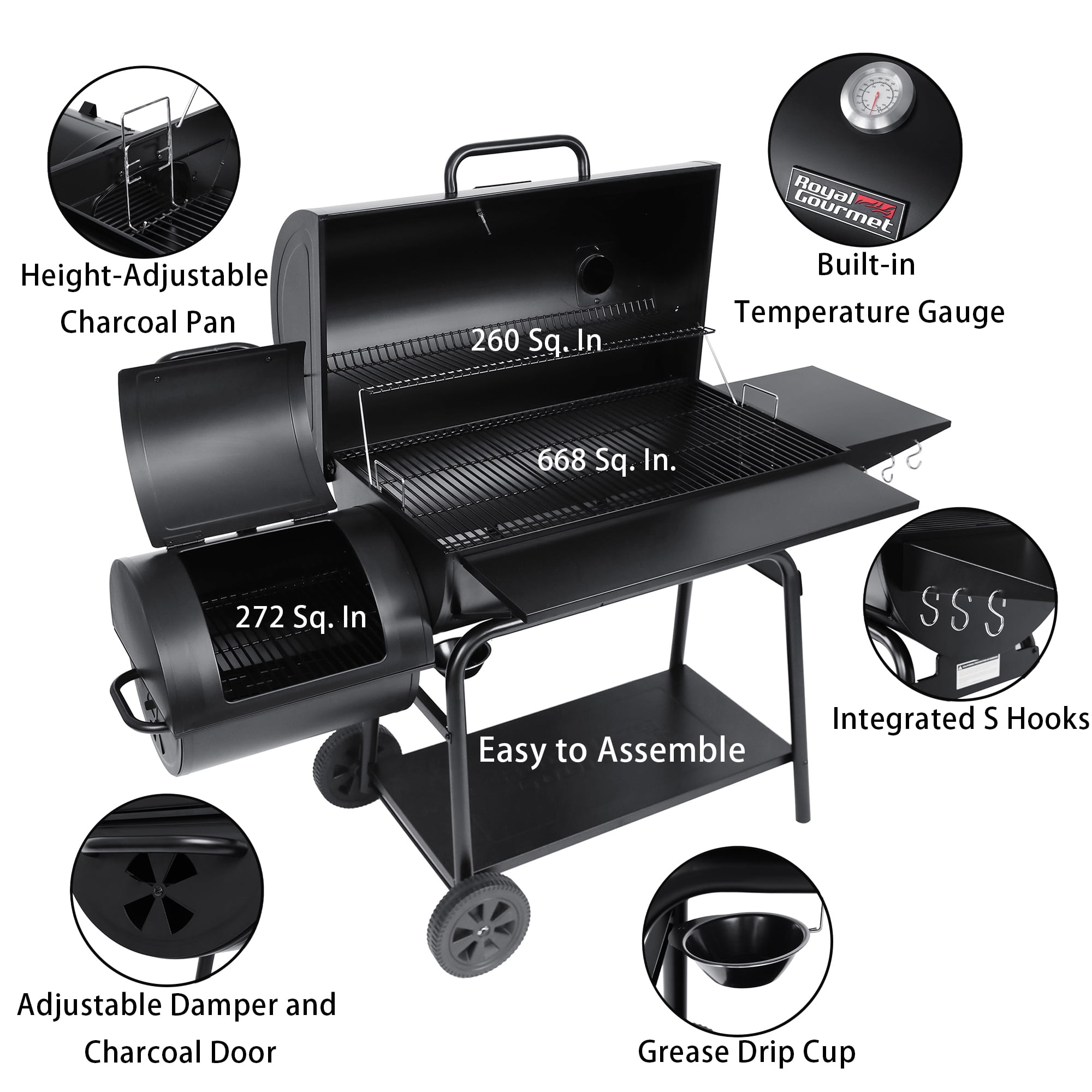 Royal Gourmet CC2036F 36 in Charcoal Barrel Grill with Offset Smoker (Black, 65.94 in L x 29.92 in W x 51.18 in H) nd60w