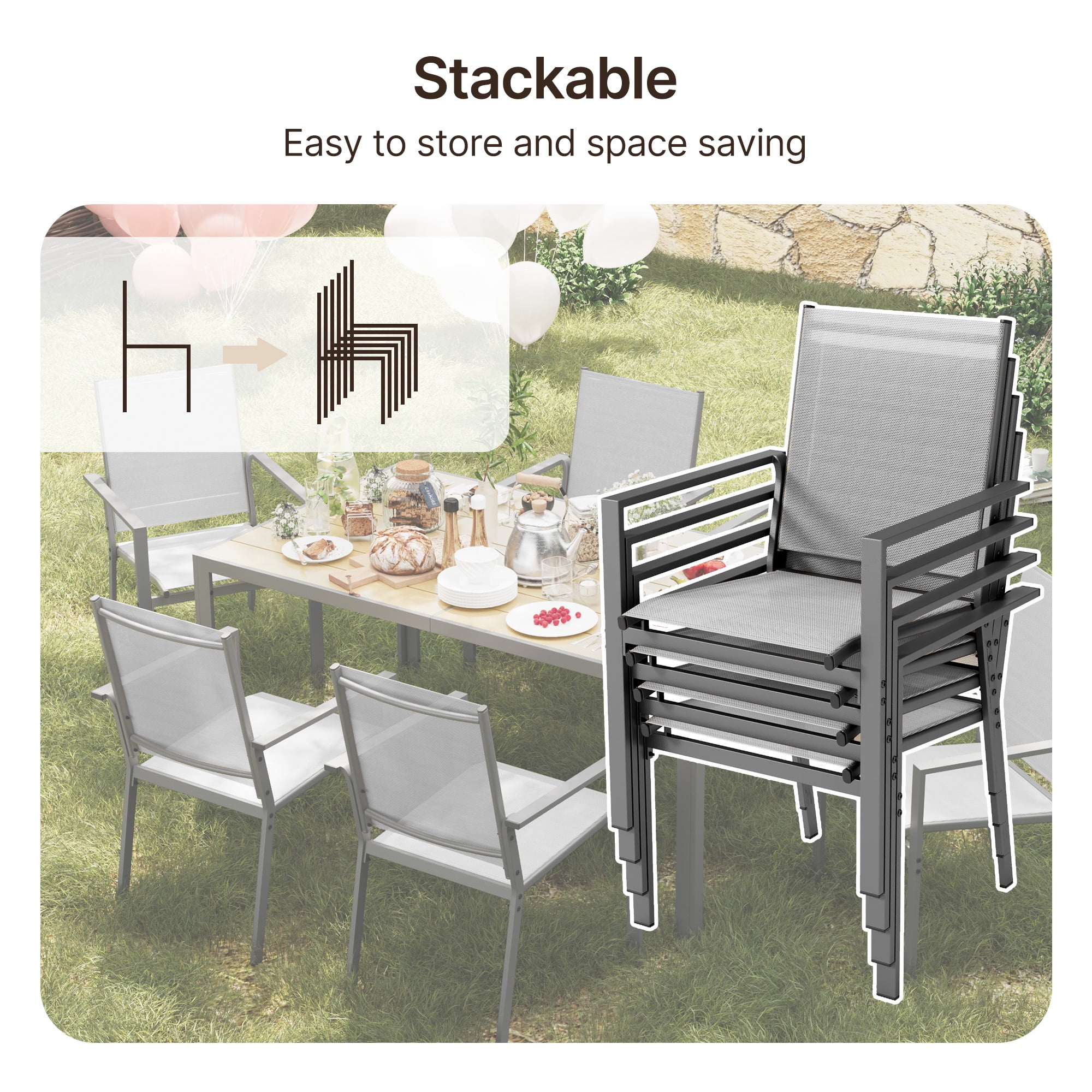 Asofer Outdoor Patio Dining Set with Metal Table and 6 Textilene Chairs (Gray, 7-Piece Set) dir7t