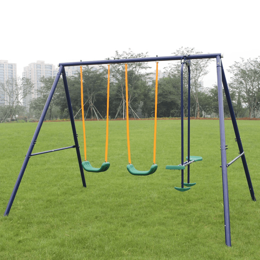 LuckyNote 2-in-1 Backyard Swing Set with Belt Swing and Glider, Heavy-Duty A-Frame Steel Outdoor Play Set (Blue, 114.17 in x 85.43 in x 70.47 in) 7ewqp
