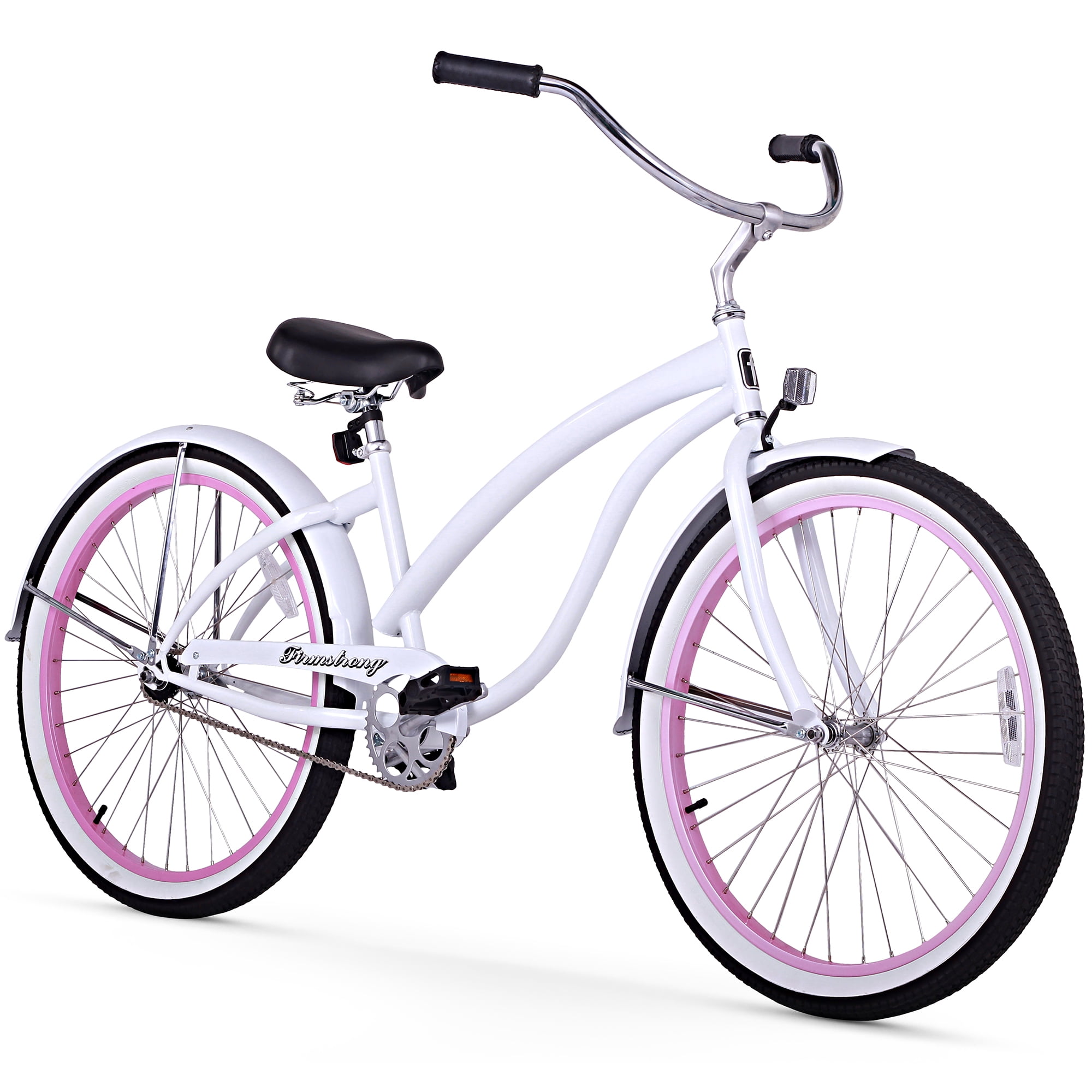 Firmstrong Bella Fashionista Women's Cruiser Bike, Single Speed, Comfort Saddle (White/Pink, 26 in) qtebi