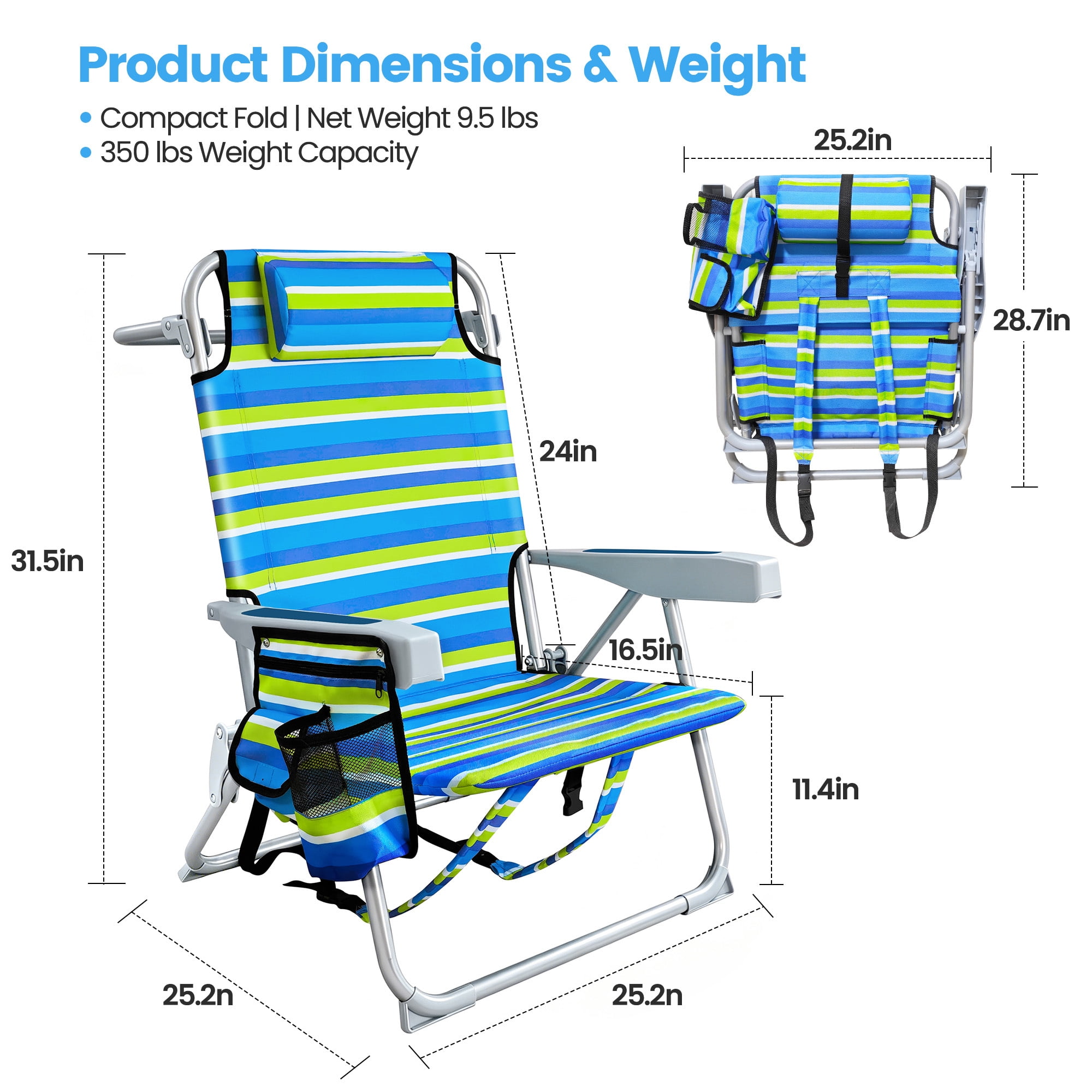 ELFWOLF 5-Position Adjustable Reclining Backpack Beach Chair with Cup Holder and Storage (Blue & Green Stripe, Set of 2) zh5ba