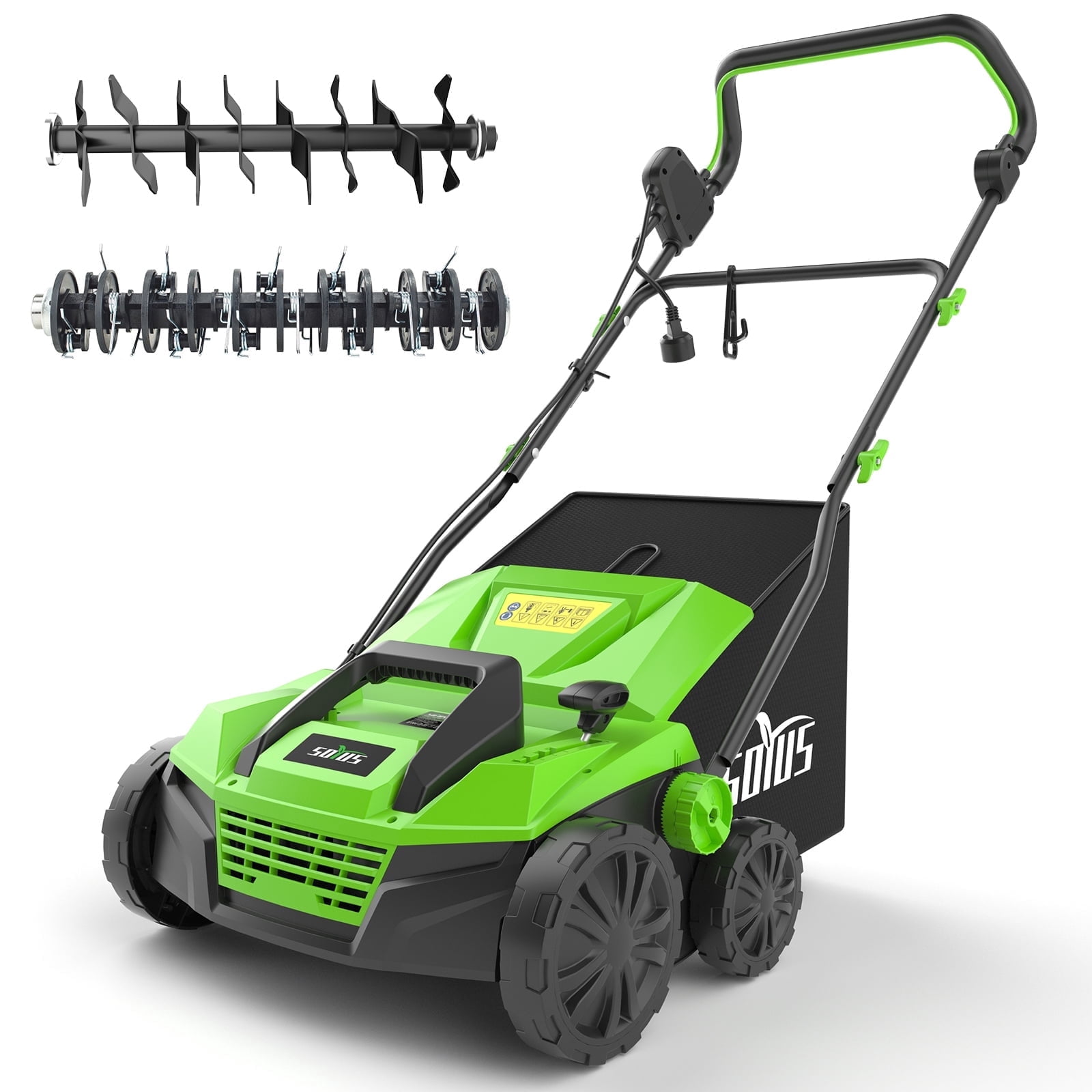 SOYUS 15-Inch 13-Amp Electric Dethatcher and Scarifier with Collection Bag (Green, 11.89 gal) aipw8
