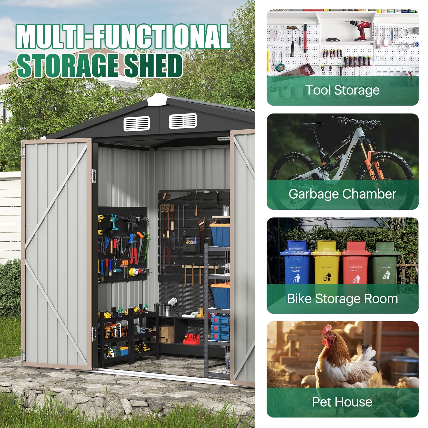 Clouddwell Outdoor Storage Shed, Heavy-Duty Metal Garden Shed with Lockable Doors (Brown, 6 ft x 4 ft) zh4dj